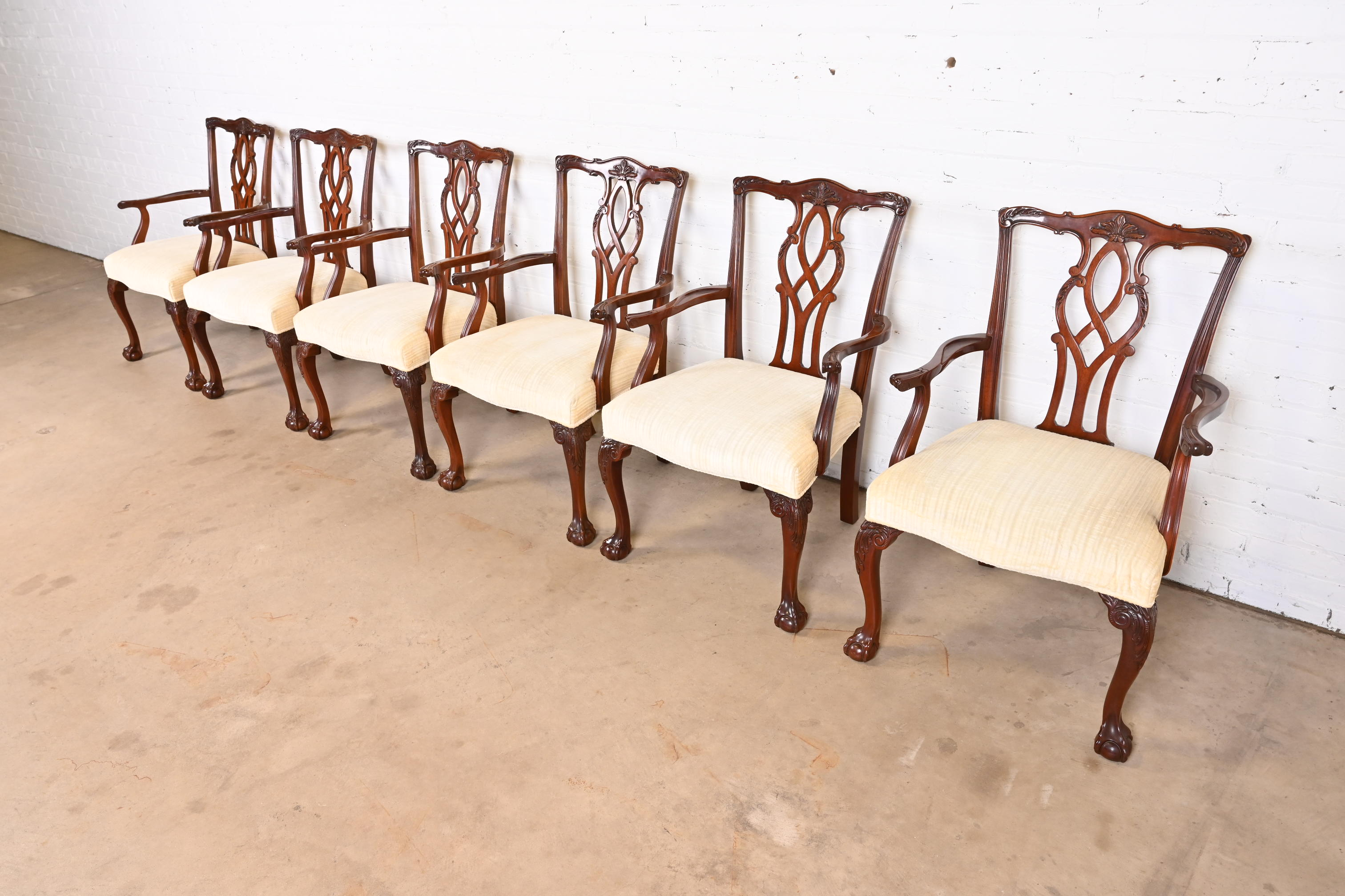 Kindel Furniture Georgian Carved Mahogany Dining Armchairs, Set of Six