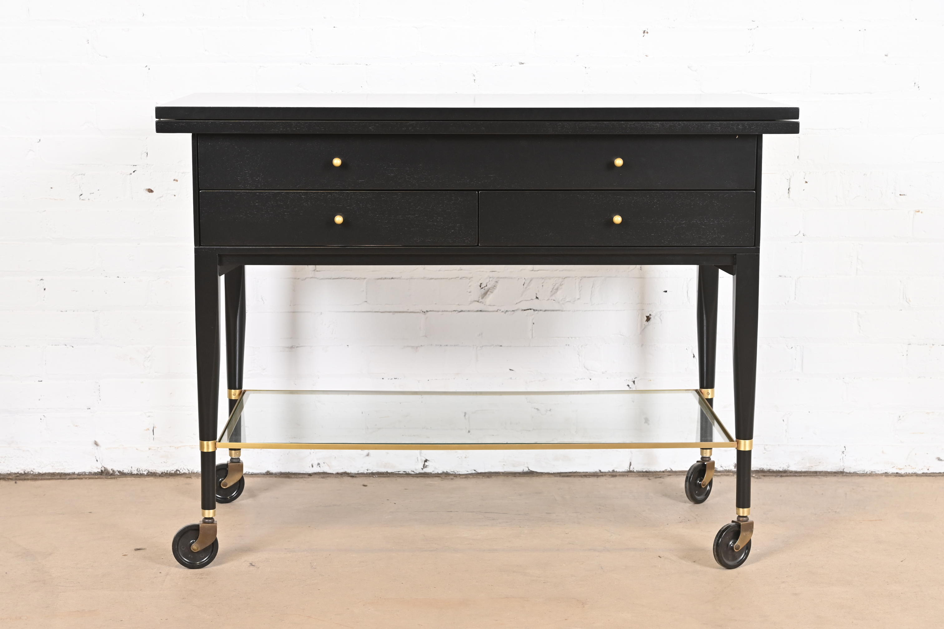 Paul McCobb for Directional Mid-Century Modern Black Lacquered Flip Top Server Bar Cart, Newly Refinished - Image 2