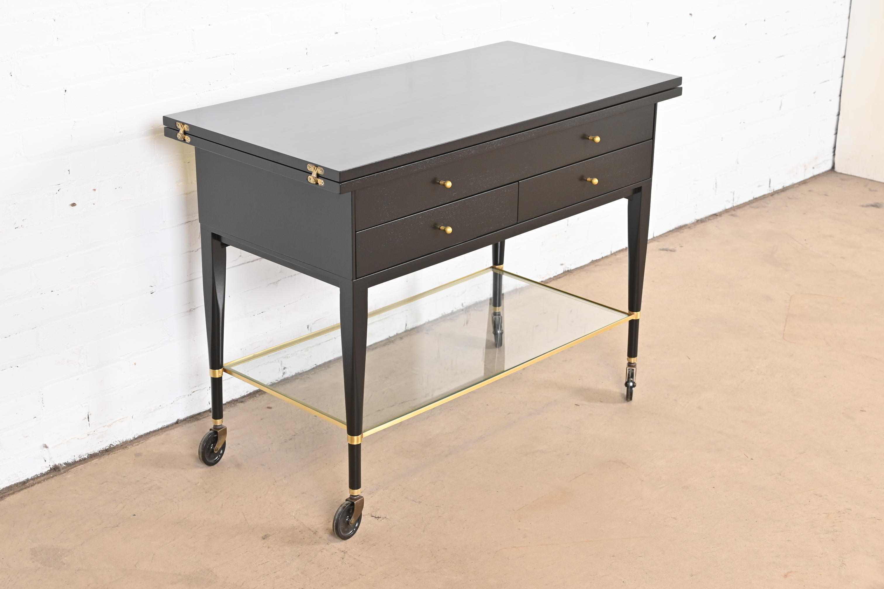 Paul McCobb for Directional Mid-Century Modern Black Lacquered Flip Top Server Bar Cart, Newly Refinished - Image 3