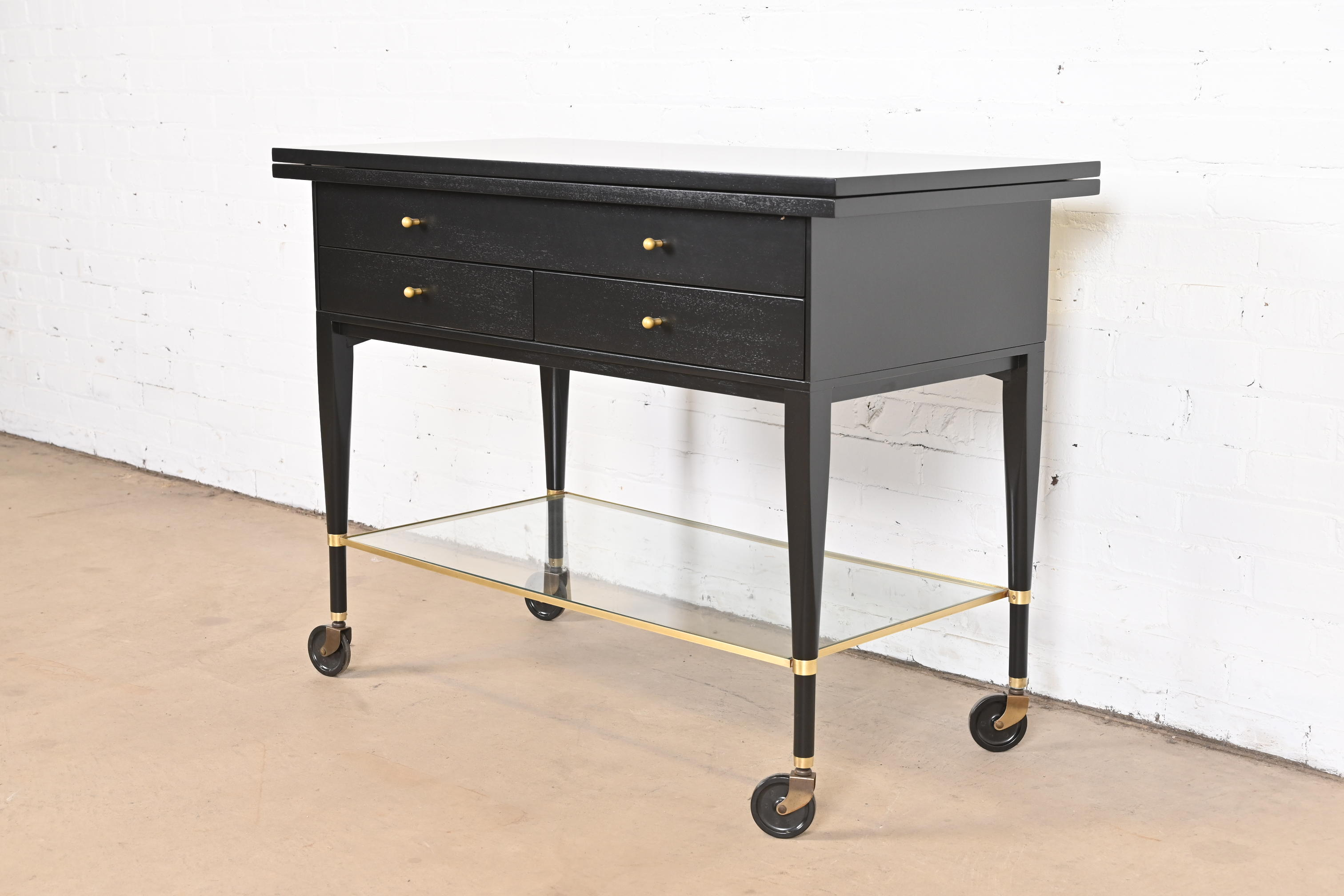 Paul McCobb for Directional Mid-Century Modern Black Lacquered Flip Top Server Bar Cart, Newly Refinished