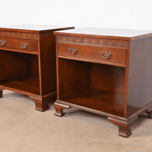 Baker Furniture English Chippendale Carved Mahogany Nightstands, Pair
