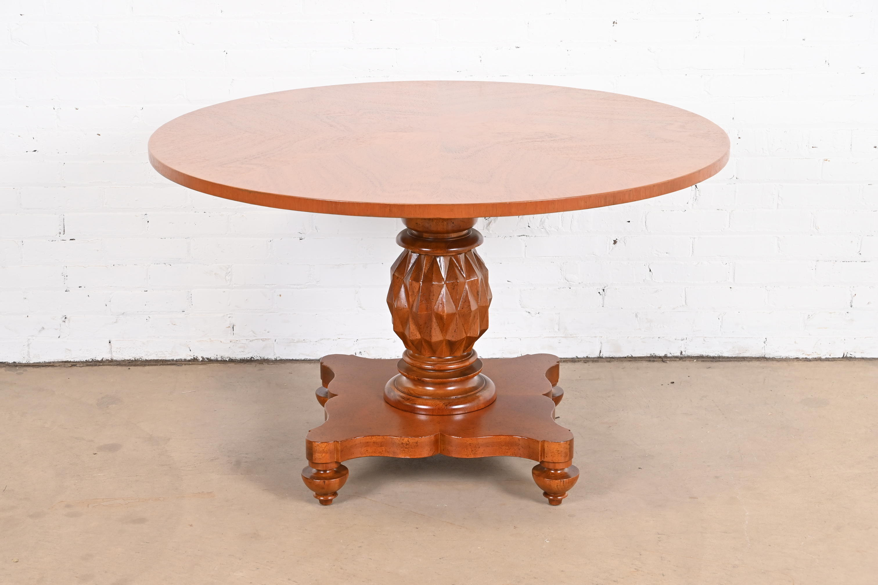 Baker Furniture Italian Empire Carved Mahogany Pedestal Center Table or Breakfast Table, Newly Refinished