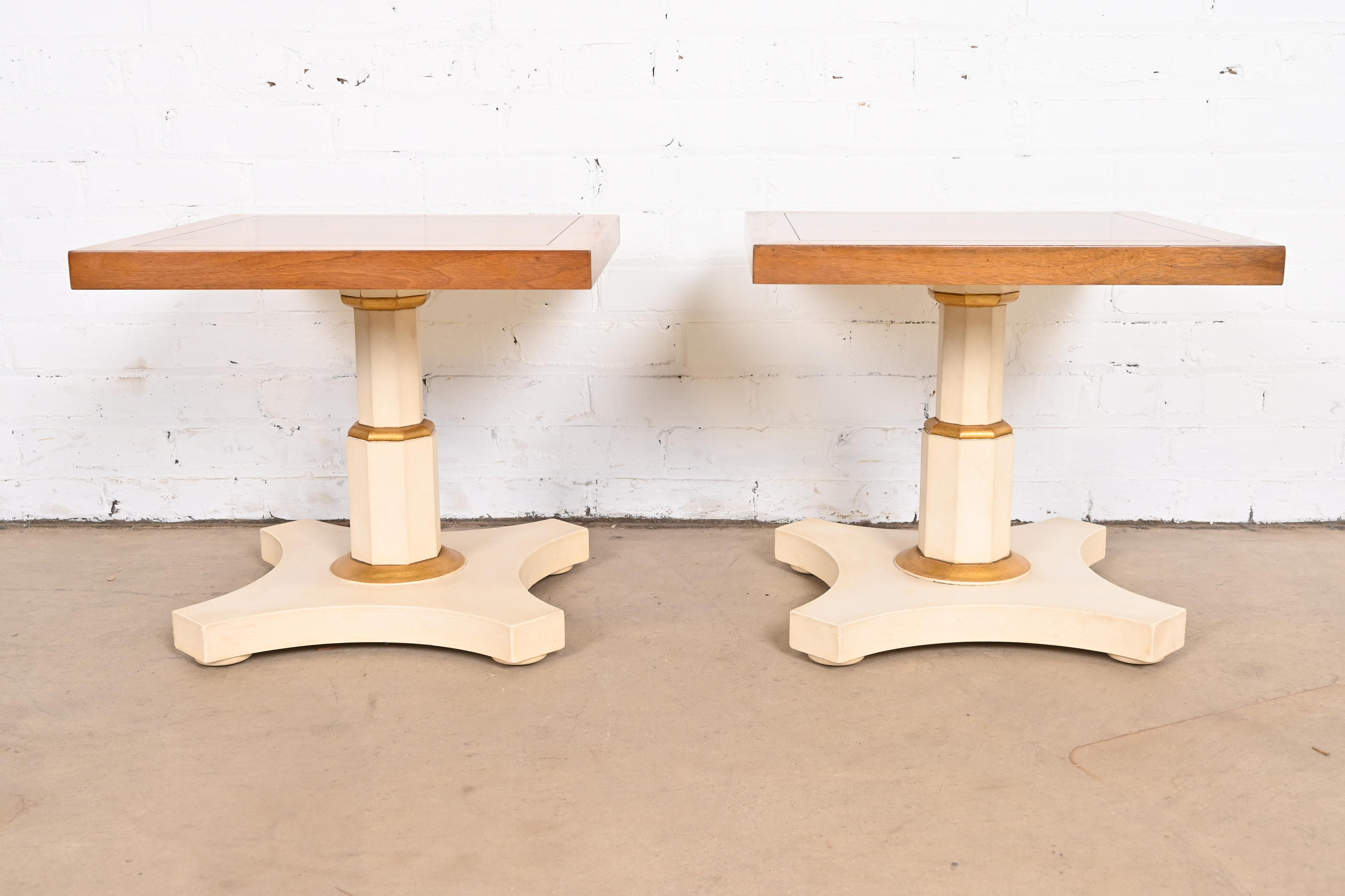Baker Furniture Mid-Century Hollywood Regency Burled Walnut and Parcel Painted Side Tables, Pair - Image 8
