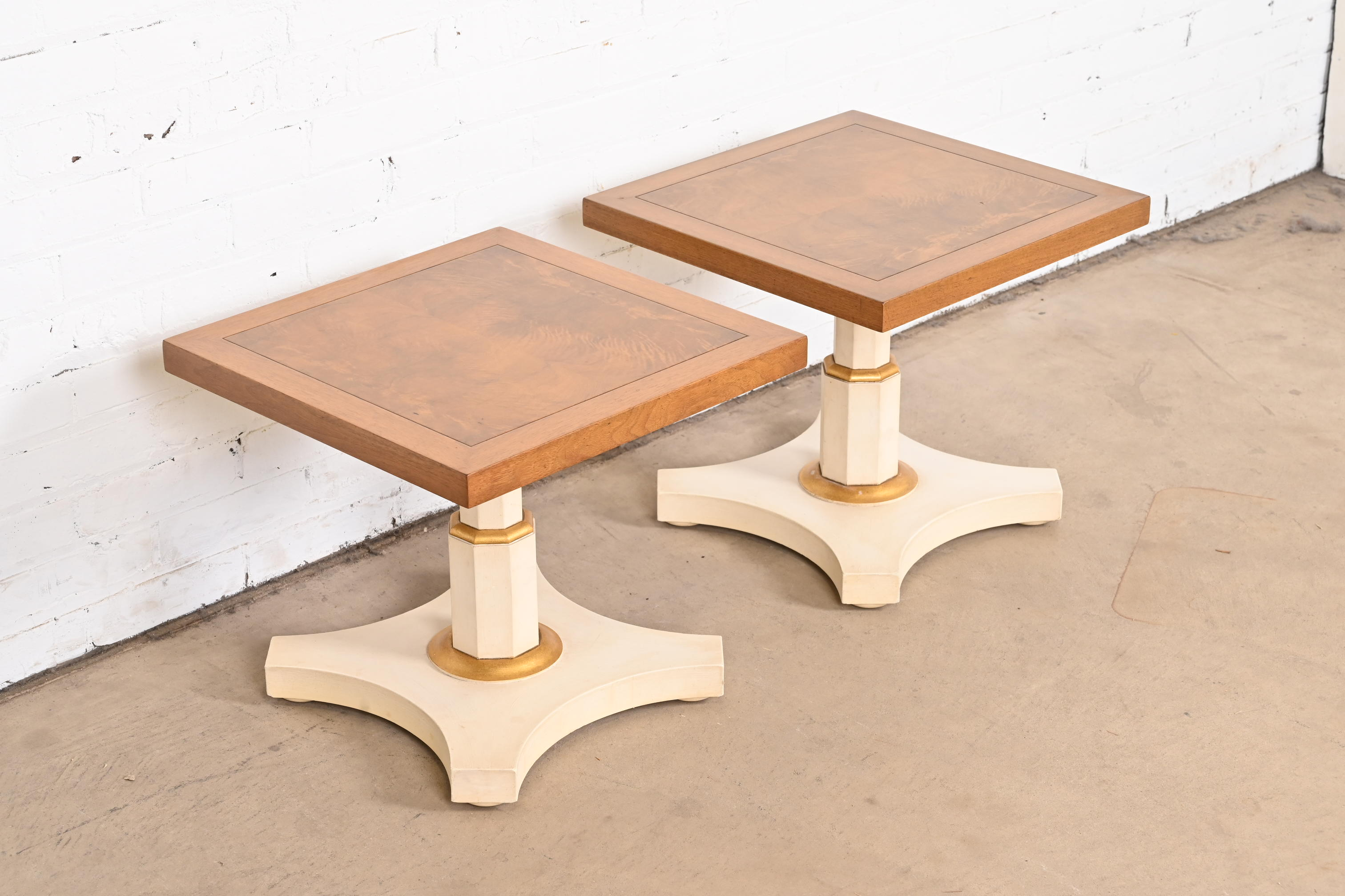 Baker Furniture Mid-Century Hollywood Regency Burled Walnut and Parcel Painted Side Tables, Pair - Image 5