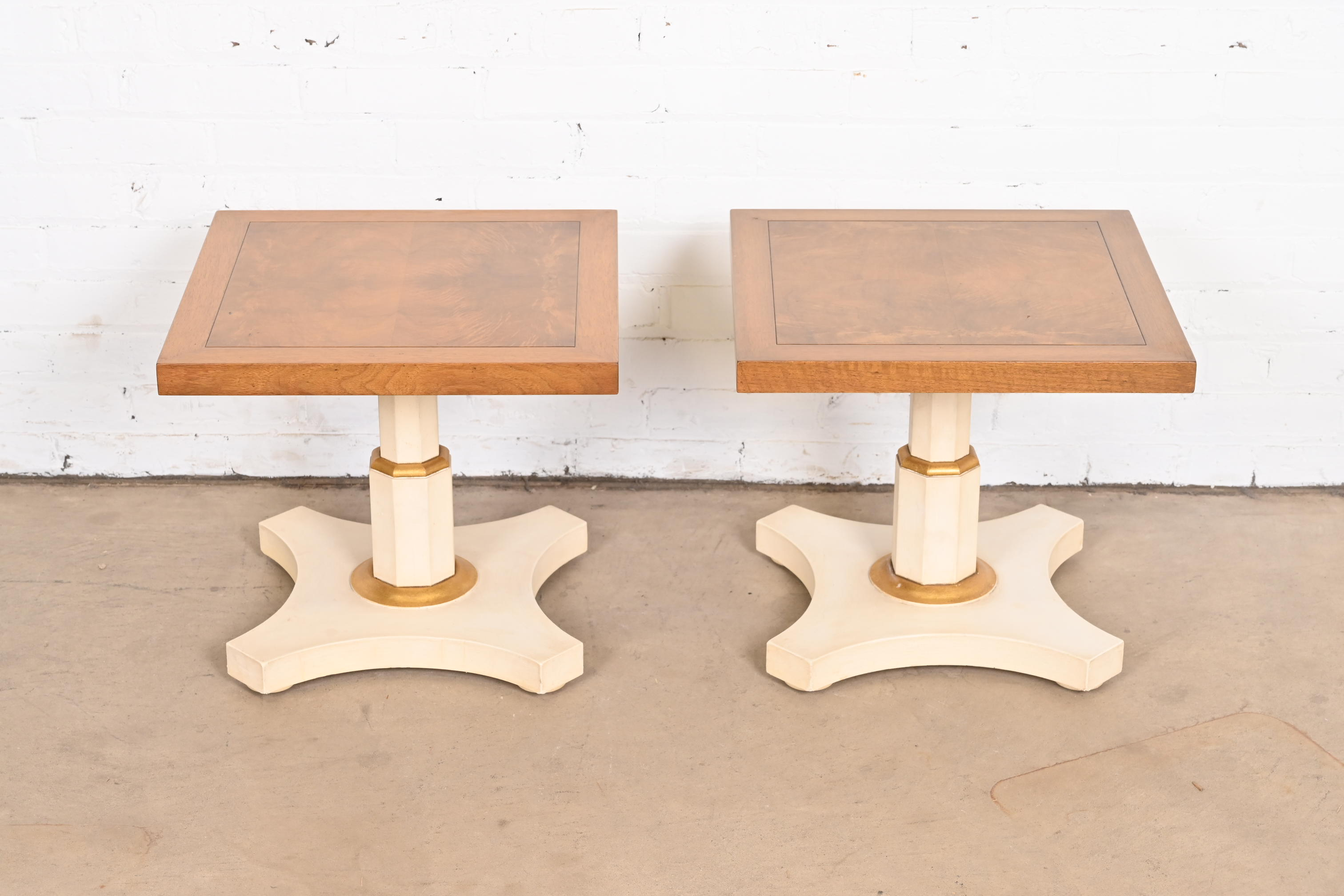 Baker Furniture Mid-Century Hollywood Regency Burled Walnut and Parcel Painted Side Tables, Pair - Image 3