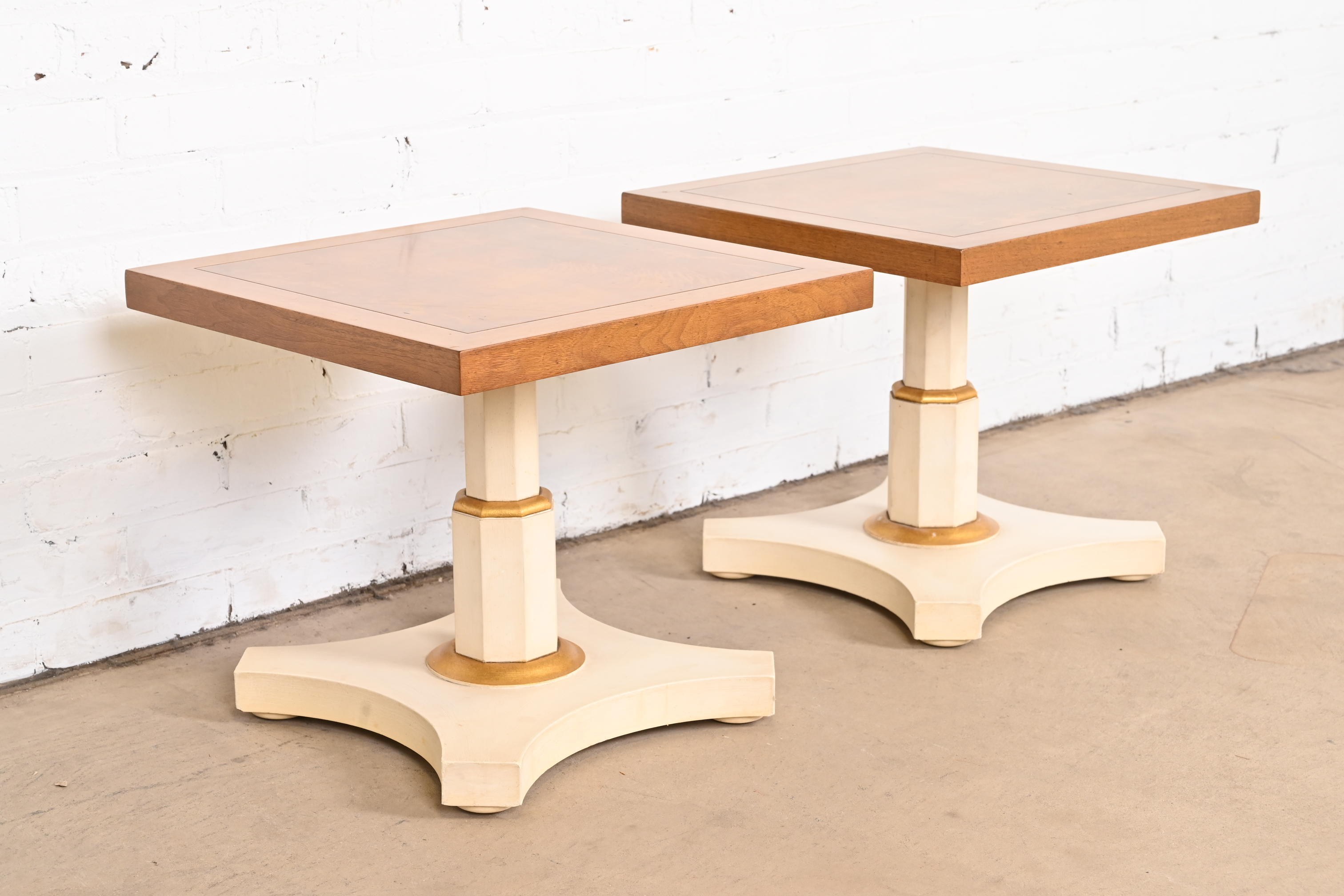Baker Furniture Mid-Century Hollywood Regency Burled Walnut and Parcel Painted Side Tables, Pair - Image 6