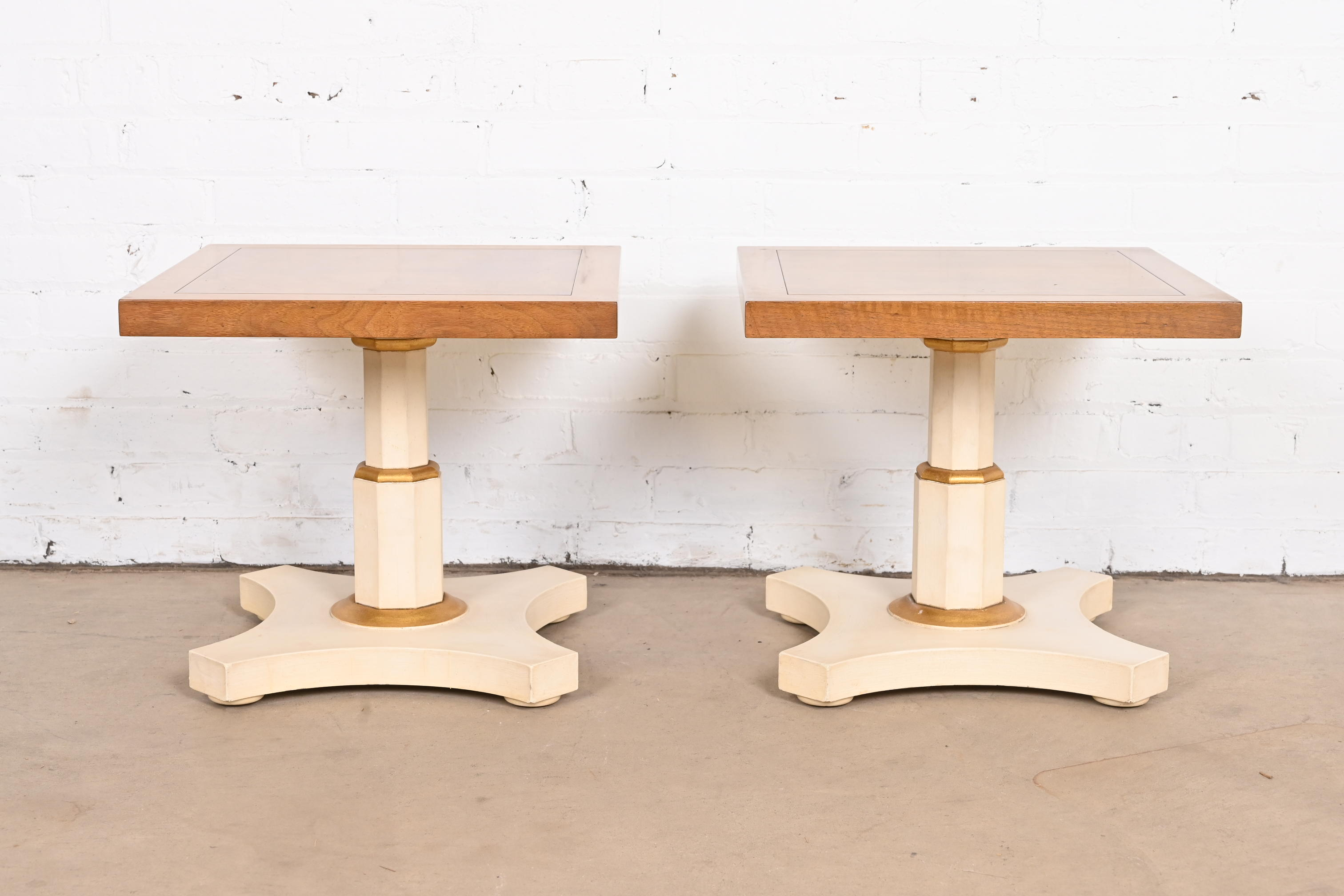 Baker Furniture Mid-Century Hollywood Regency Burled Walnut and Parcel Painted Side Tables, Pair - Image 4