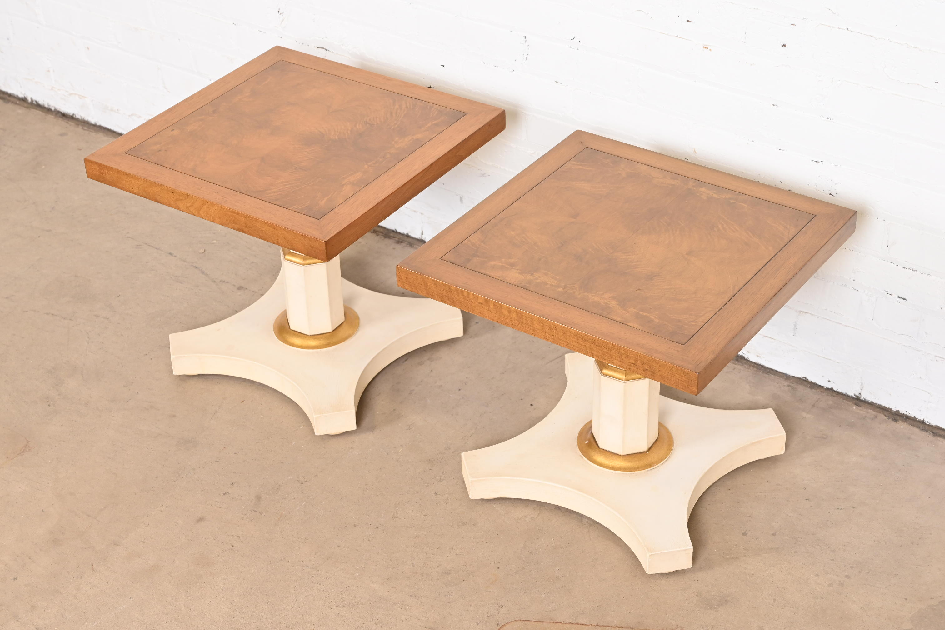 Baker Furniture Mid-Century Hollywood Regency Burled Walnut and Parcel Painted Side Tables, Pair - Image 2