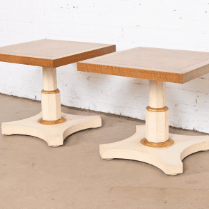 Baker Furniture Mid-Century Hollywood Regency Burled Walnut and Parcel Painted Side Tables, Pair