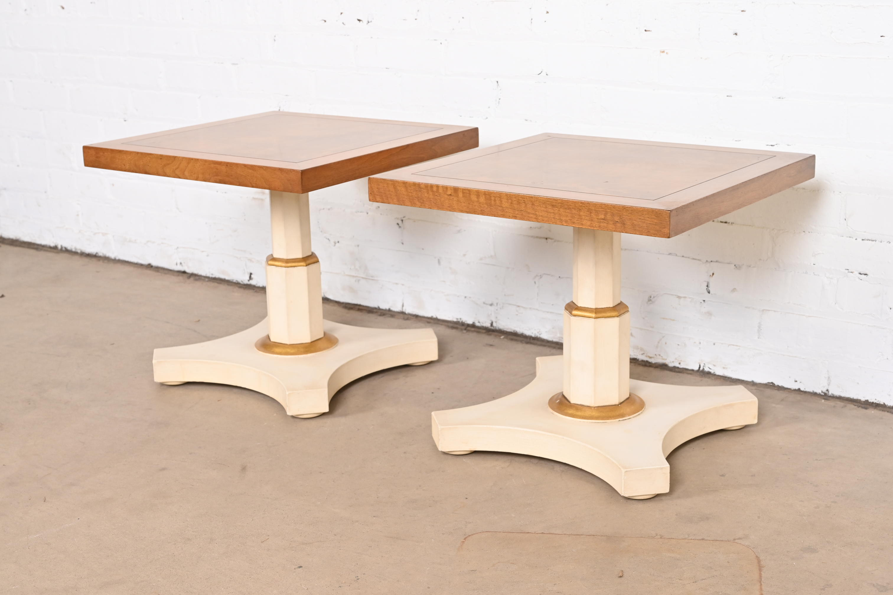 Baker Furniture Mid-Century Hollywood Regency Burled Walnut and Parcel Painted Side Tables, Pair