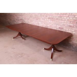 Kindel Furniture Georgian Mahogany Double Pedestal Extension Dining Table, Newly Refinished