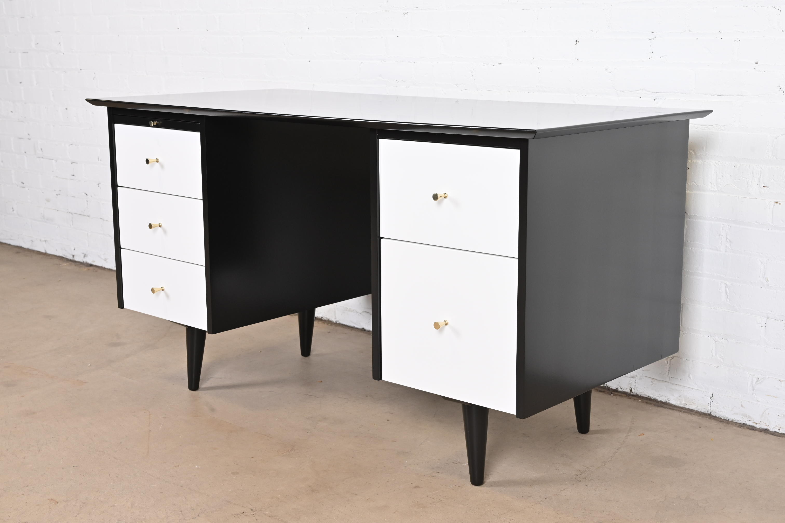 Paul McCobb Planner Group Black and White Lacquered Double Pedestal Desk, Newly Refinished