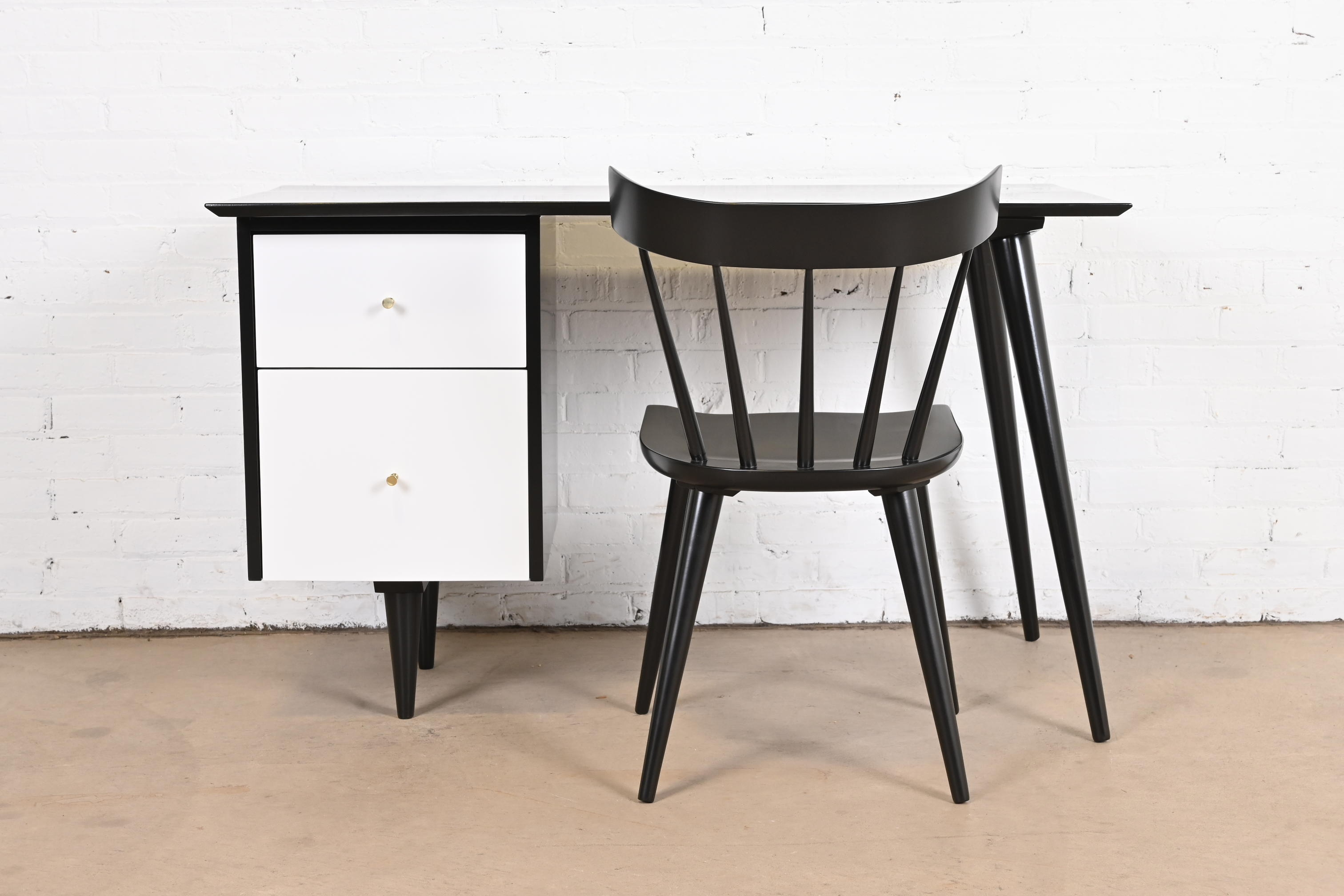 Paul McCobb Planner Group Black and White Lacquered Writing Desk and Chair, Newly Refinished