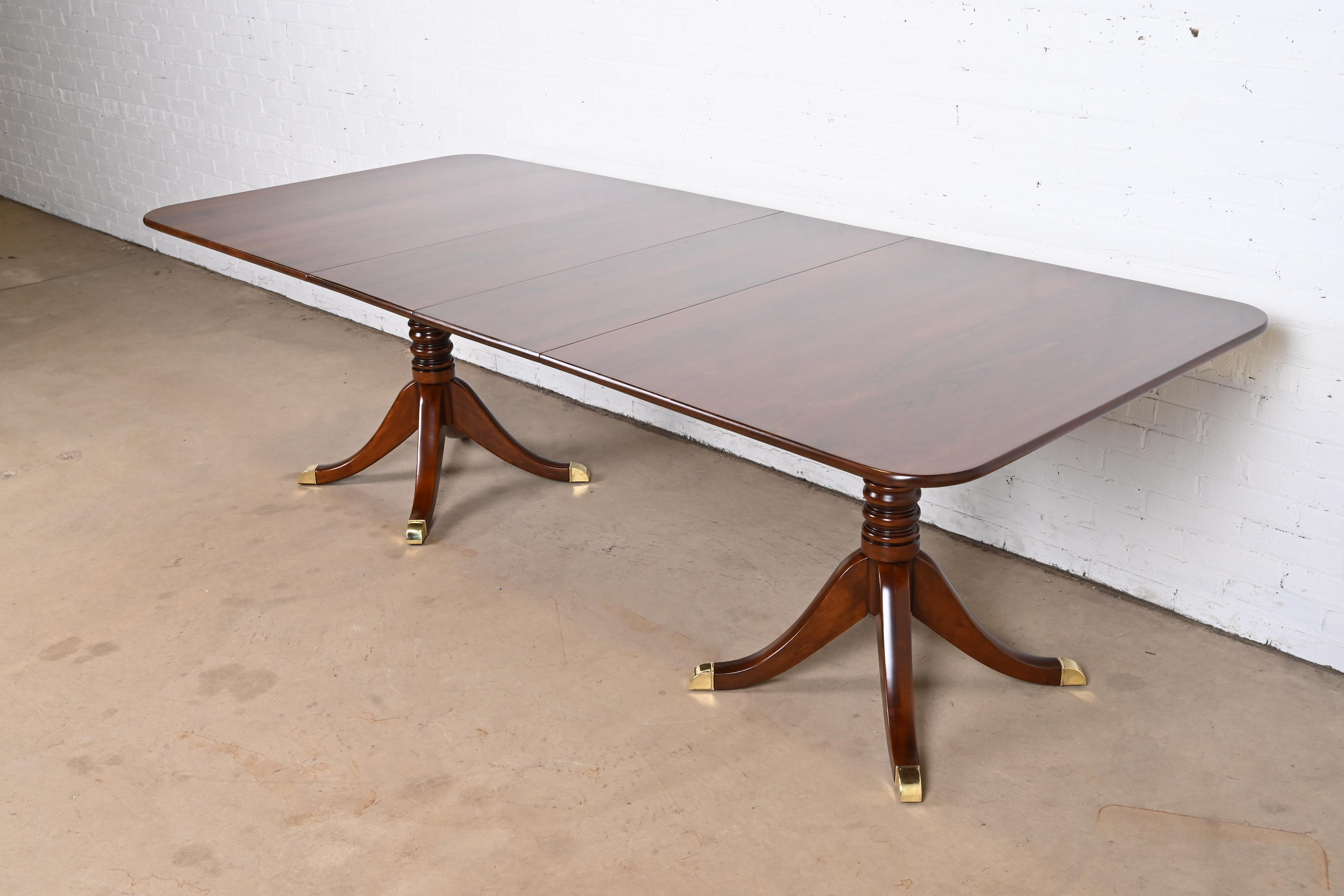 Stickley Georgian Cherry Wood Double Pedestal Extension Dining Table, Newly Refinished