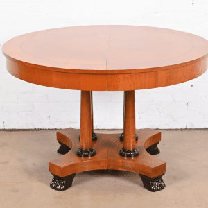 Baker Furniture Neoclassical Cherry Wood and Parcel Ebonized Extension Pedestal Dining Table, Newly Refinished