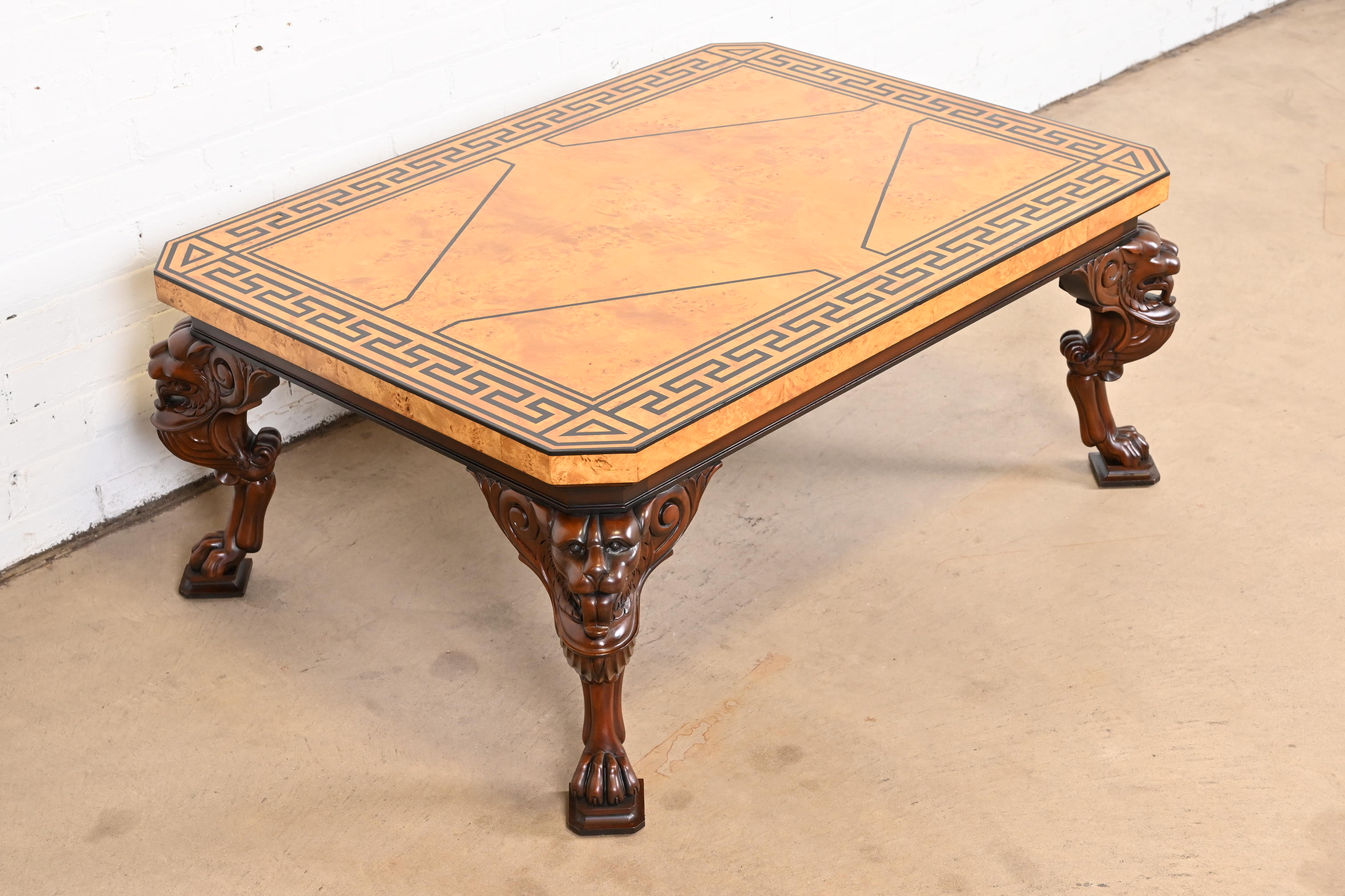 Baker Furniture Neoclassical Cocktail Table With Burl Wood Greek Key Top and Carved Mahogany Lion Legs - Image 5