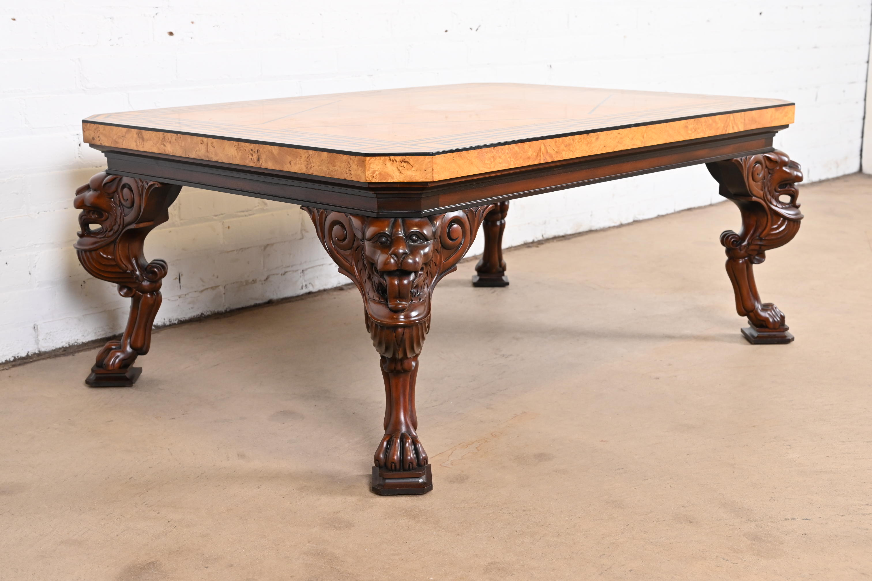 Baker Furniture Neoclassical Cocktail Table With Burl Wood Greek Key Top and Carved Mahogany Lion Legs - Image 6