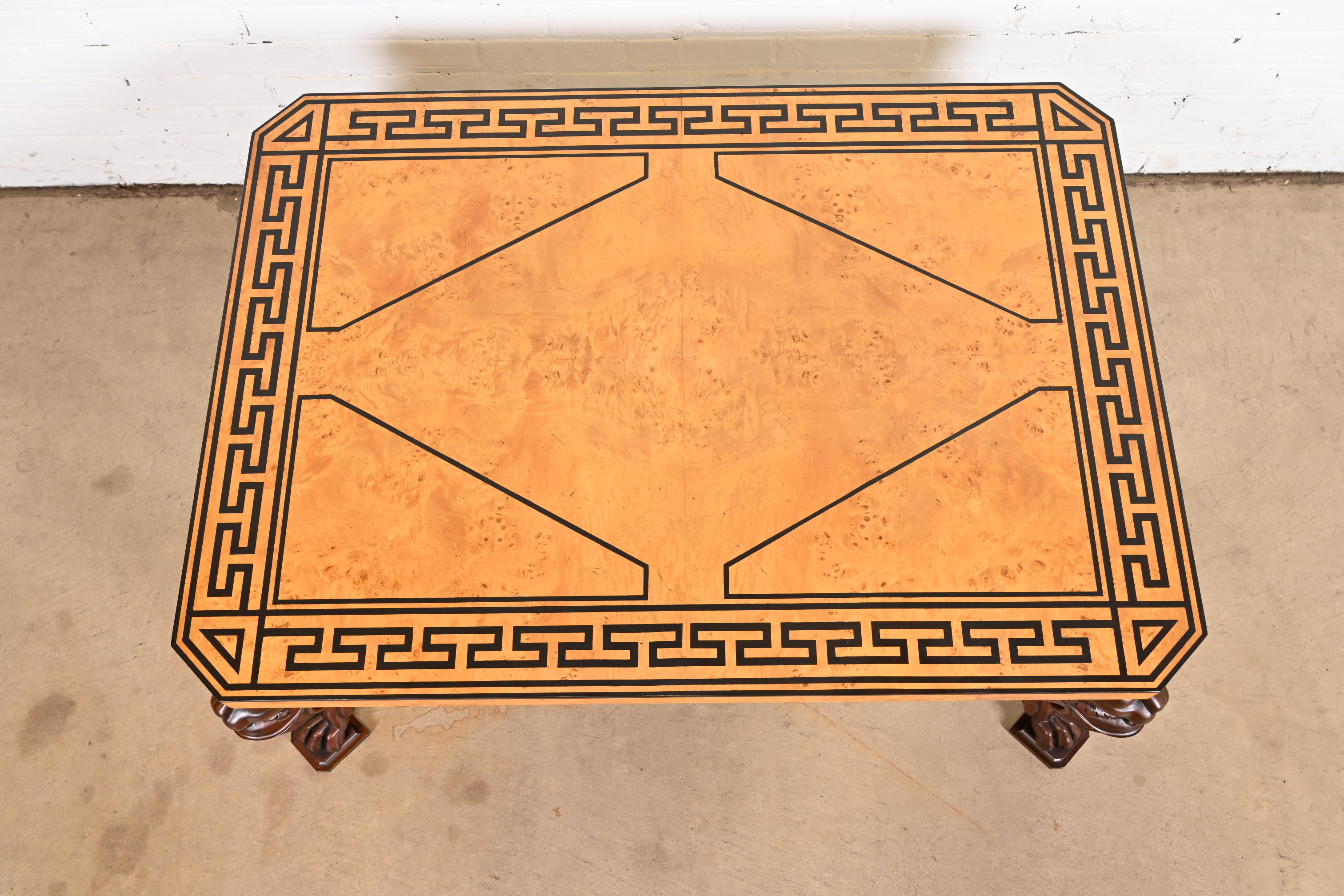 Baker Furniture Neoclassical Cocktail Table With Burl Wood Greek Key Top and Carved Mahogany Lion Legs - Image 7