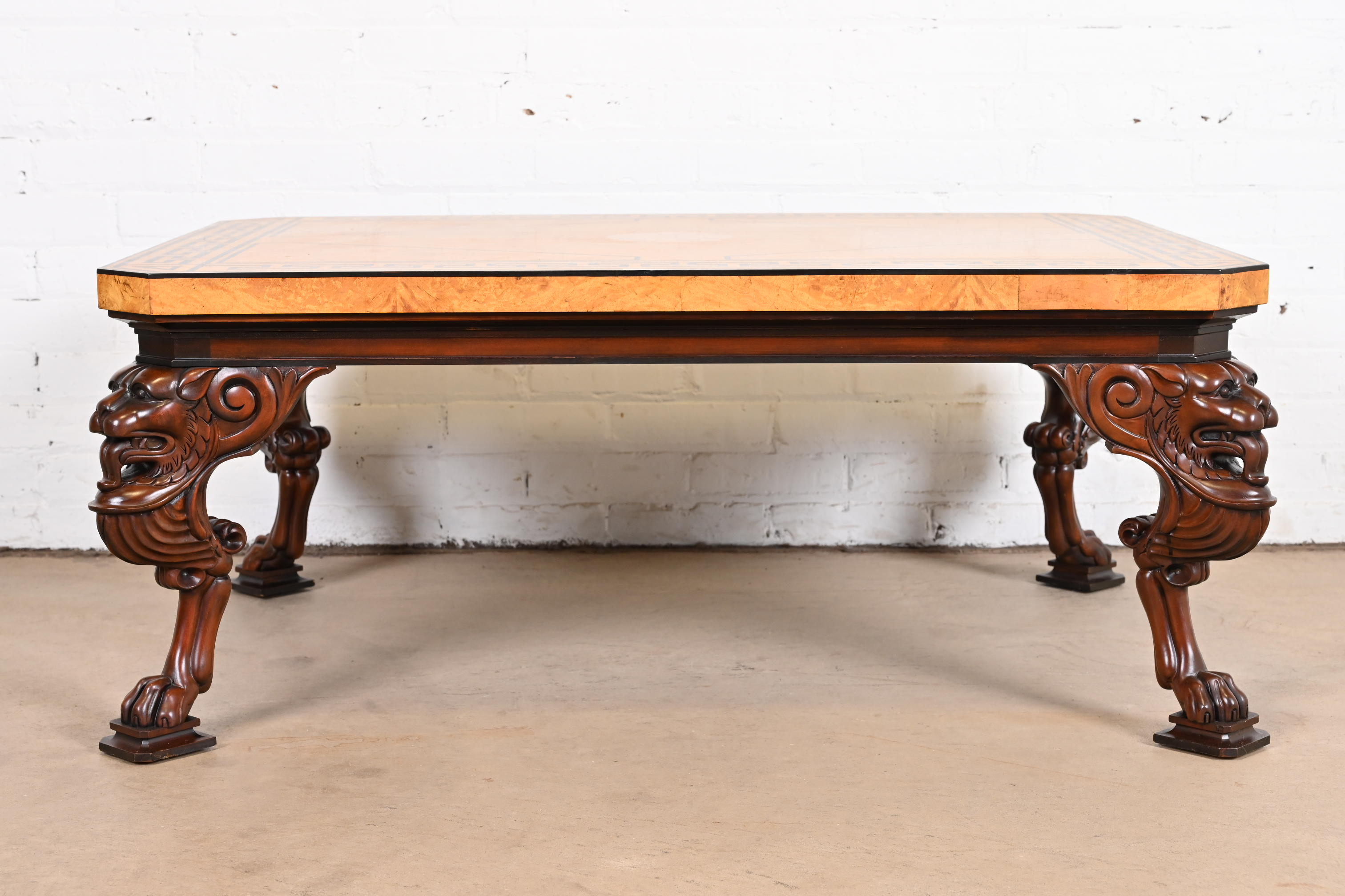 Baker Furniture Neoclassical Cocktail Table With Burl Wood Greek Key Top and Carved Mahogany Lion Legs - Image 4