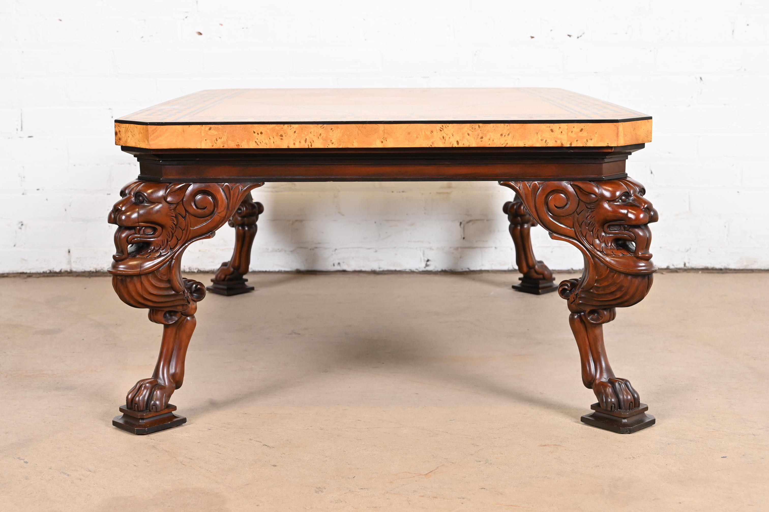 Baker Furniture Neoclassical Cocktail Table With Burl Wood Greek Key Top and Carved Mahogany Lion Legs - Image 10