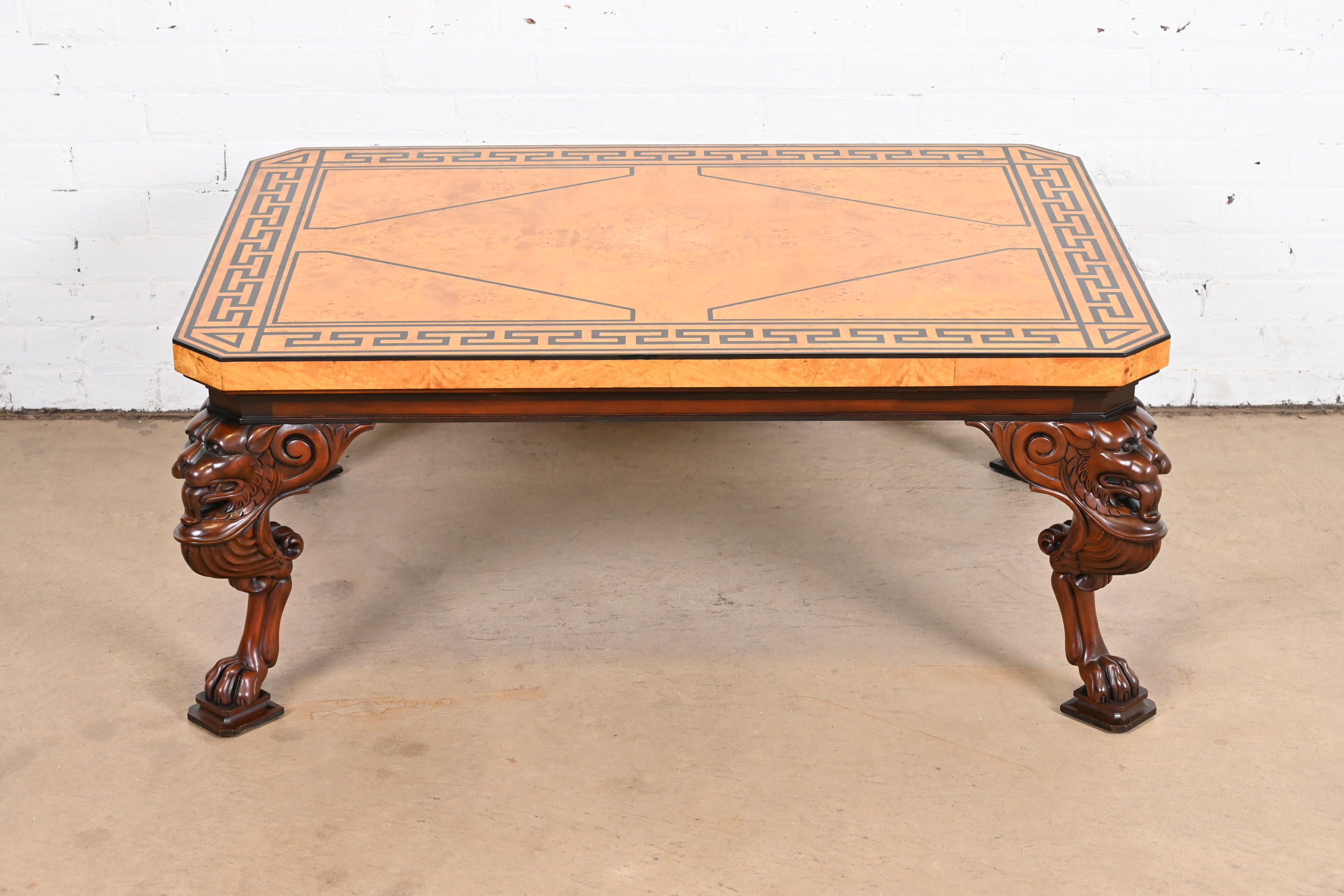 Baker Furniture Neoclassical Cocktail Table With Burl Wood Greek Key Top and Carved Mahogany Lion Legs - Image 3