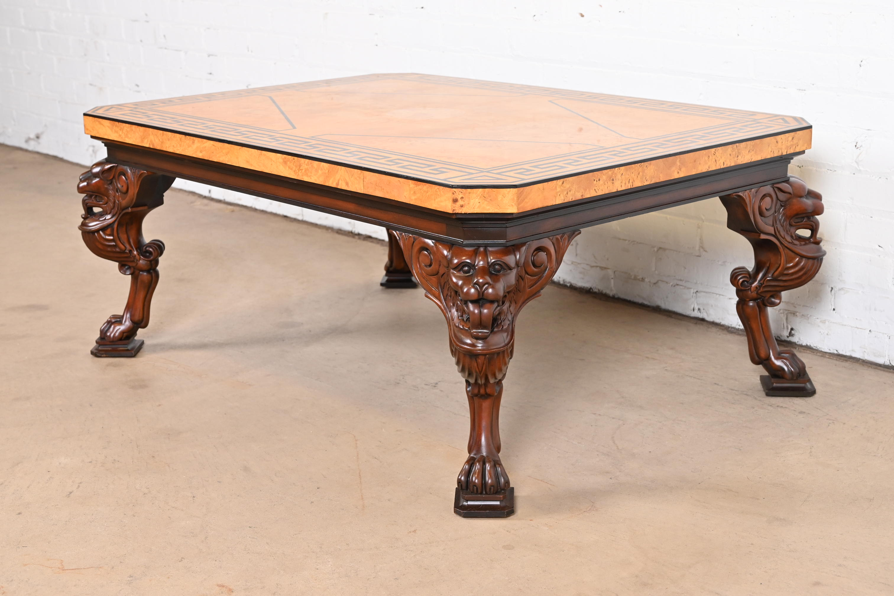 Baker Furniture Neoclassical Cocktail Table With Burl Wood Greek Key Top and Carved Mahogany Lion Legs - Image 2