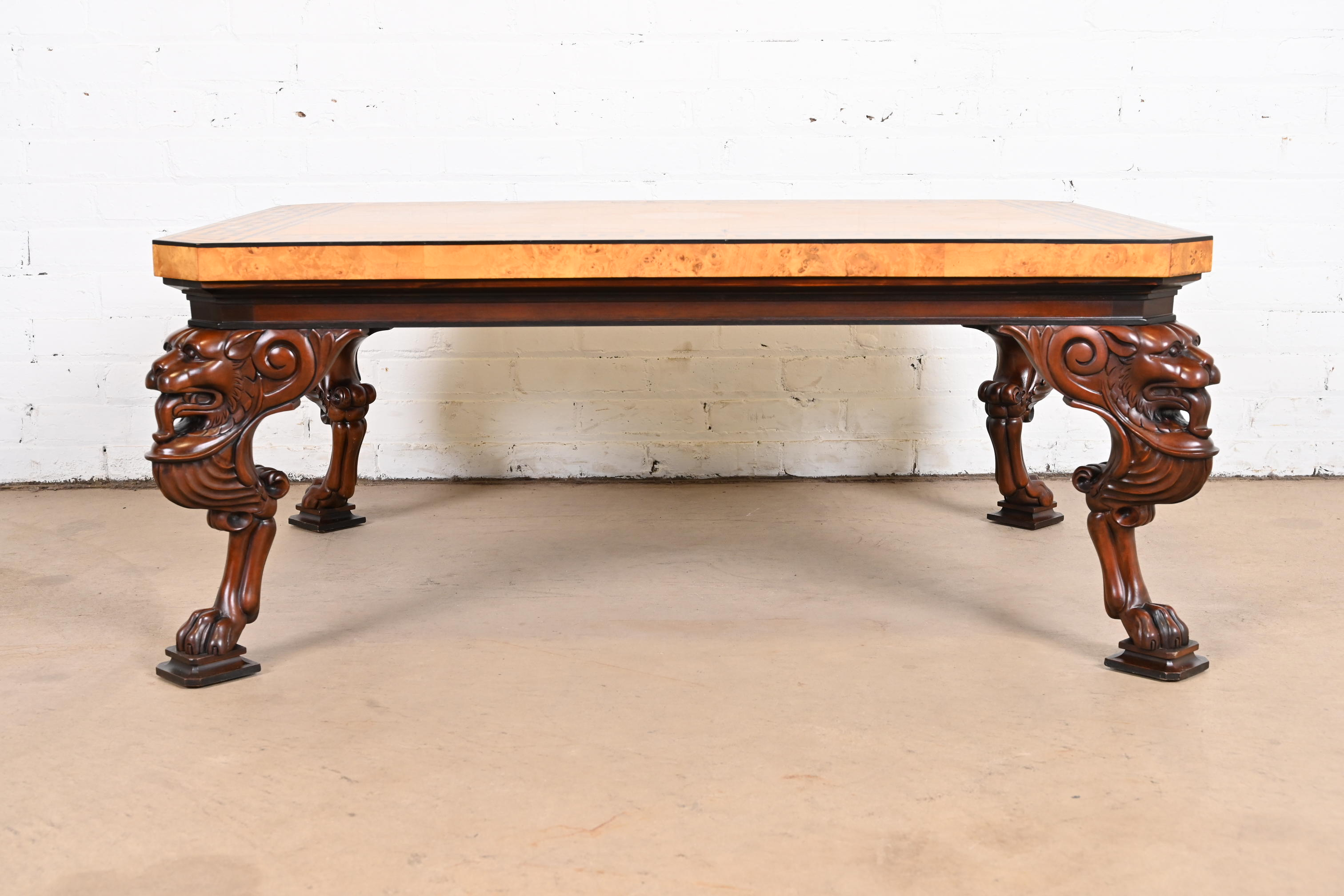 Baker Furniture Neoclassical Cocktail Table With Burl Wood Greek Key Top and Carved Mahogany Lion Legs - Image 11