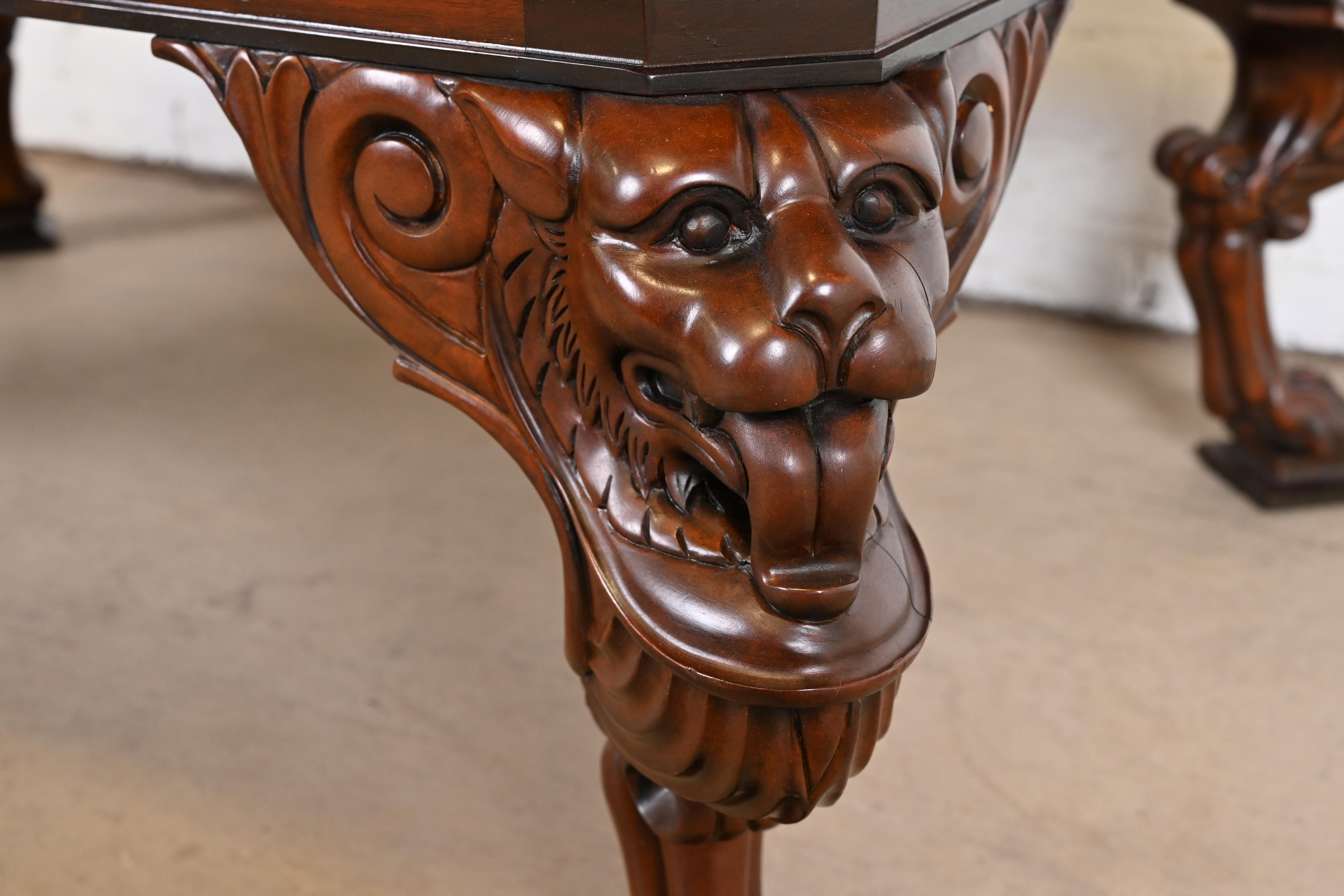 Baker Furniture Neoclassical Cocktail Table With Burl Wood Greek Key Top and Carved Mahogany Lion Legs - Image 9