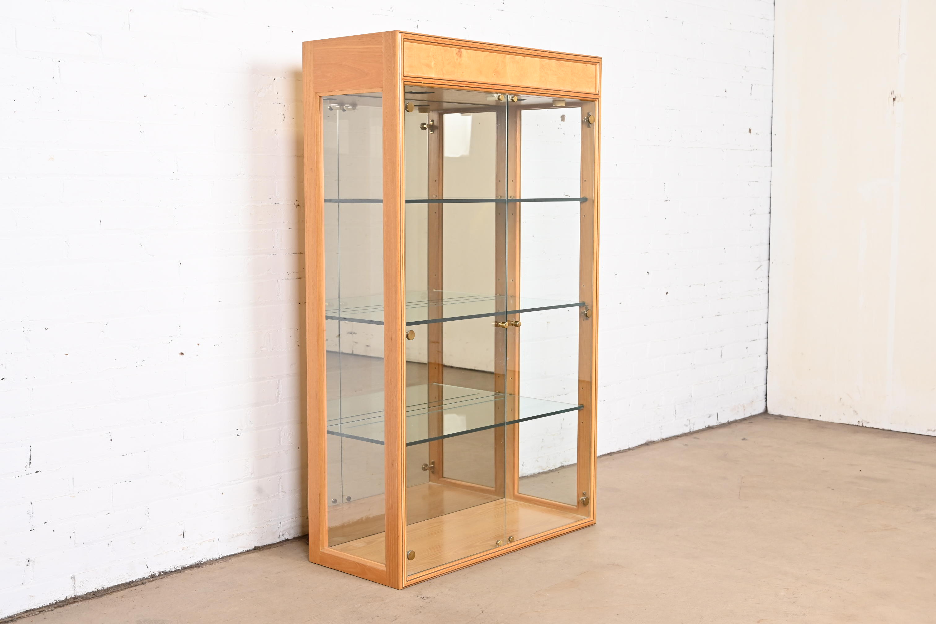 Milo Baughman Style Burl Wood Lighted Bookcase or Display Cabinet by Henredon - Image 4