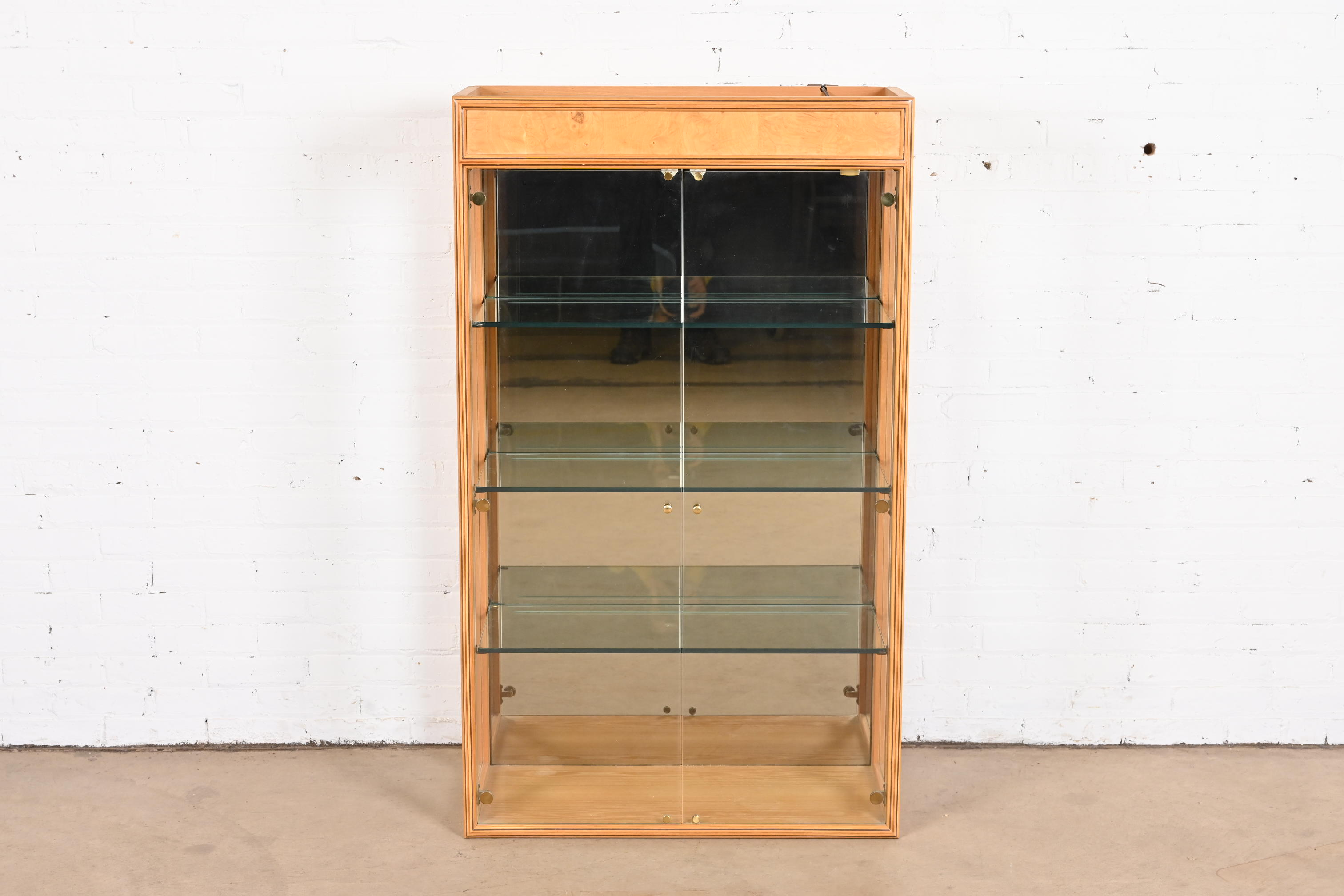 Milo Baughman Style Burl Wood Lighted Bookcase or Display Cabinet by Henredon