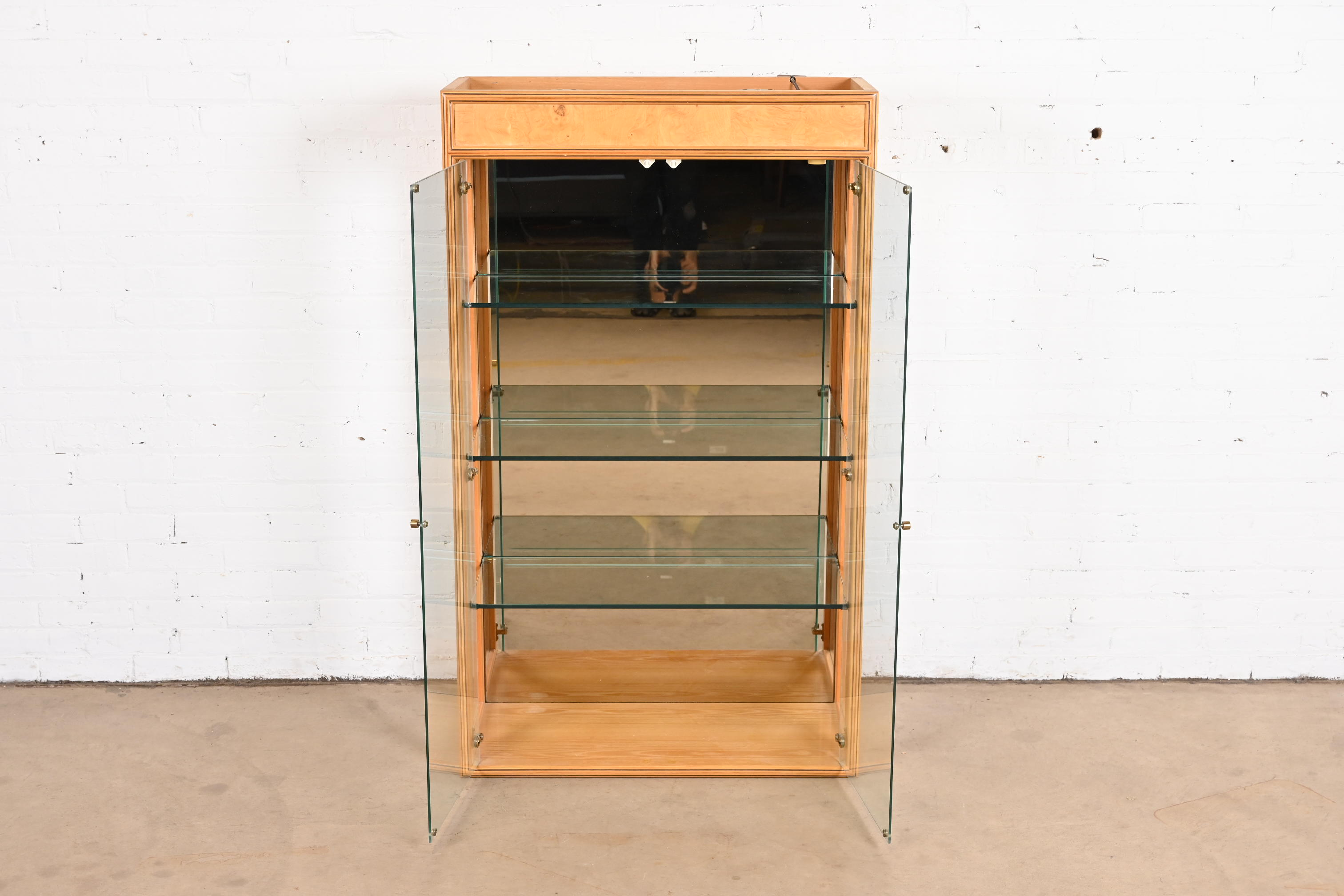 Milo Baughman Style Burl Wood Lighted Bookcase or Display Cabinet by Henredon - Image 5