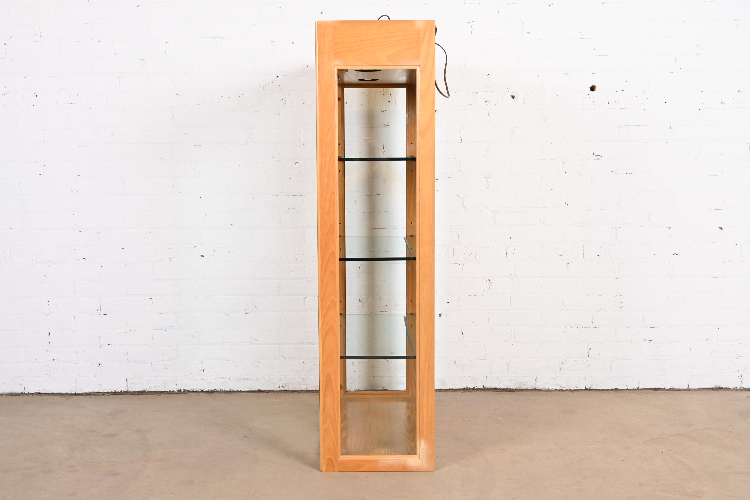 Milo Baughman Style Burl Wood Lighted Bookcase or Display Cabinet by Henredon - Image 9
