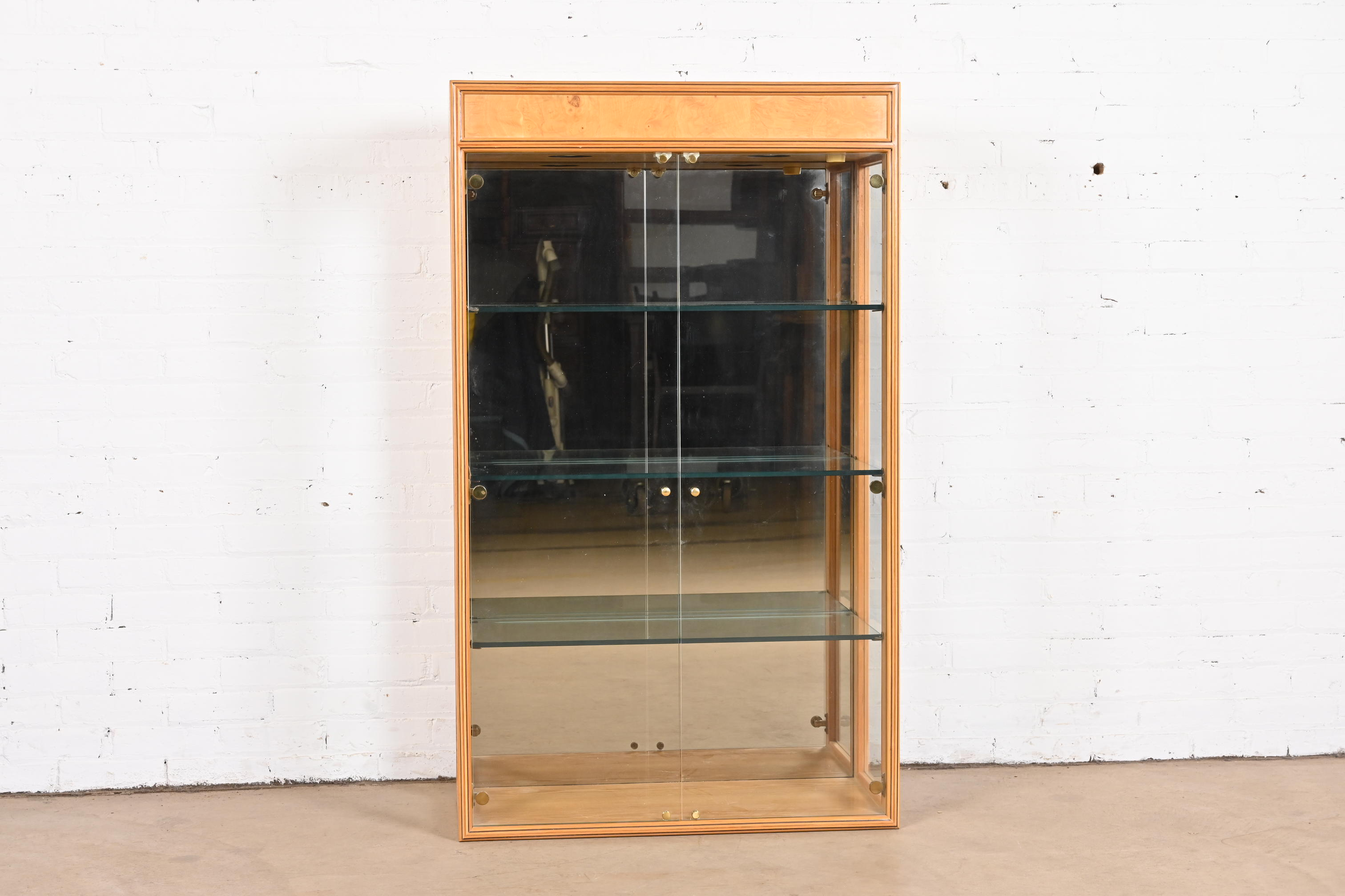 Milo Baughman Style Burl Wood Lighted Bookcase or Display Cabinet by Henredon - Image 2