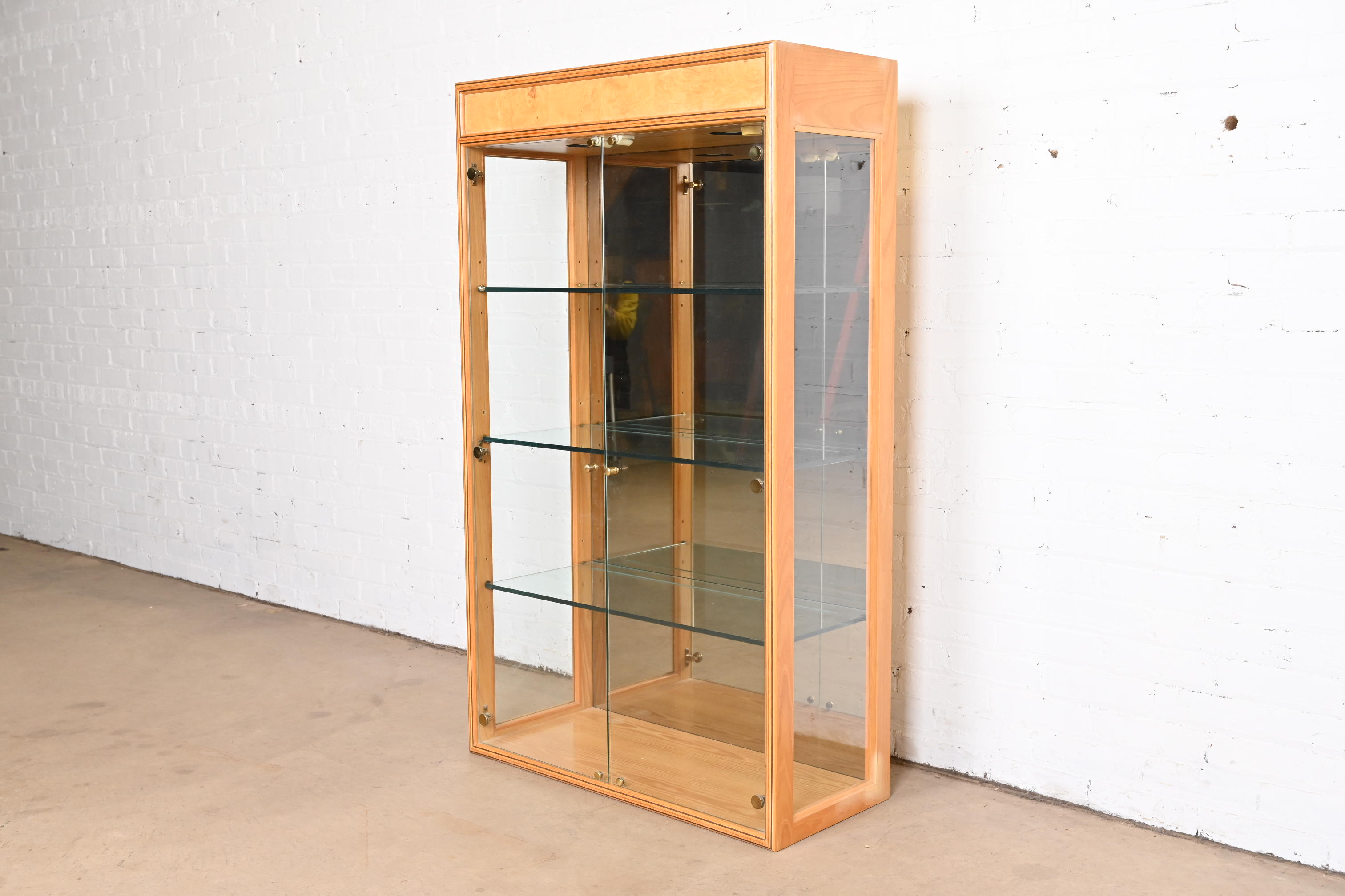 Milo Baughman Style Burl Wood Lighted Bookcase or Display Cabinet by Henredon - Image 3