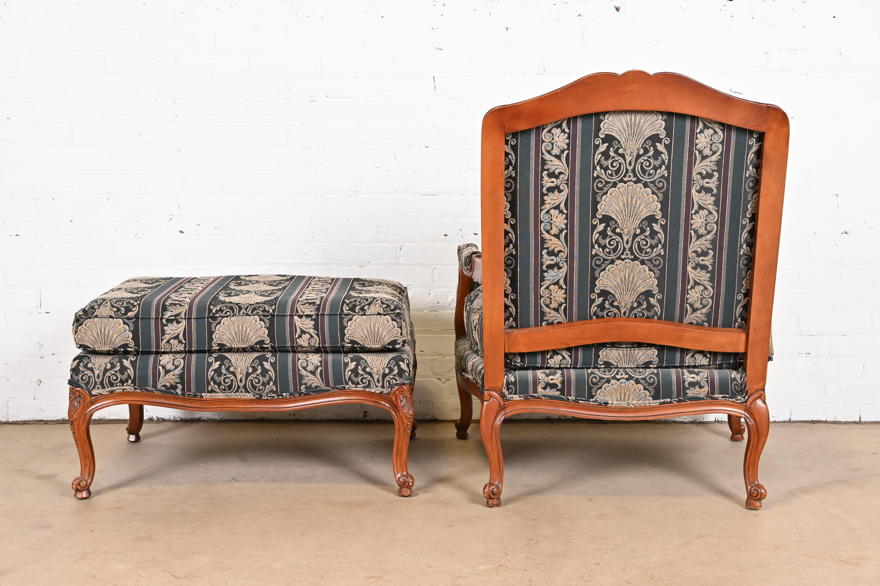 Thomasville French Provincial Louis XV Carved Walnut Upholstered Fauteuil and Ottoman - Image 10