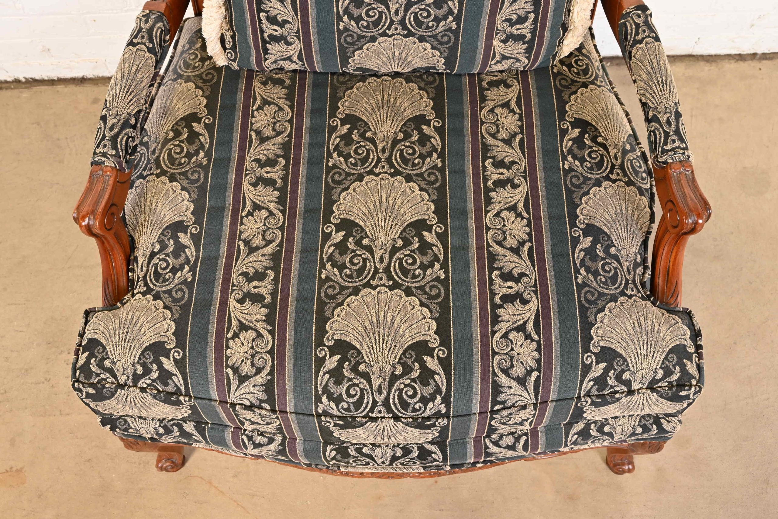Thomasville French Provincial Louis XV Carved Walnut Upholstered Fauteuil and Ottoman - Image 8