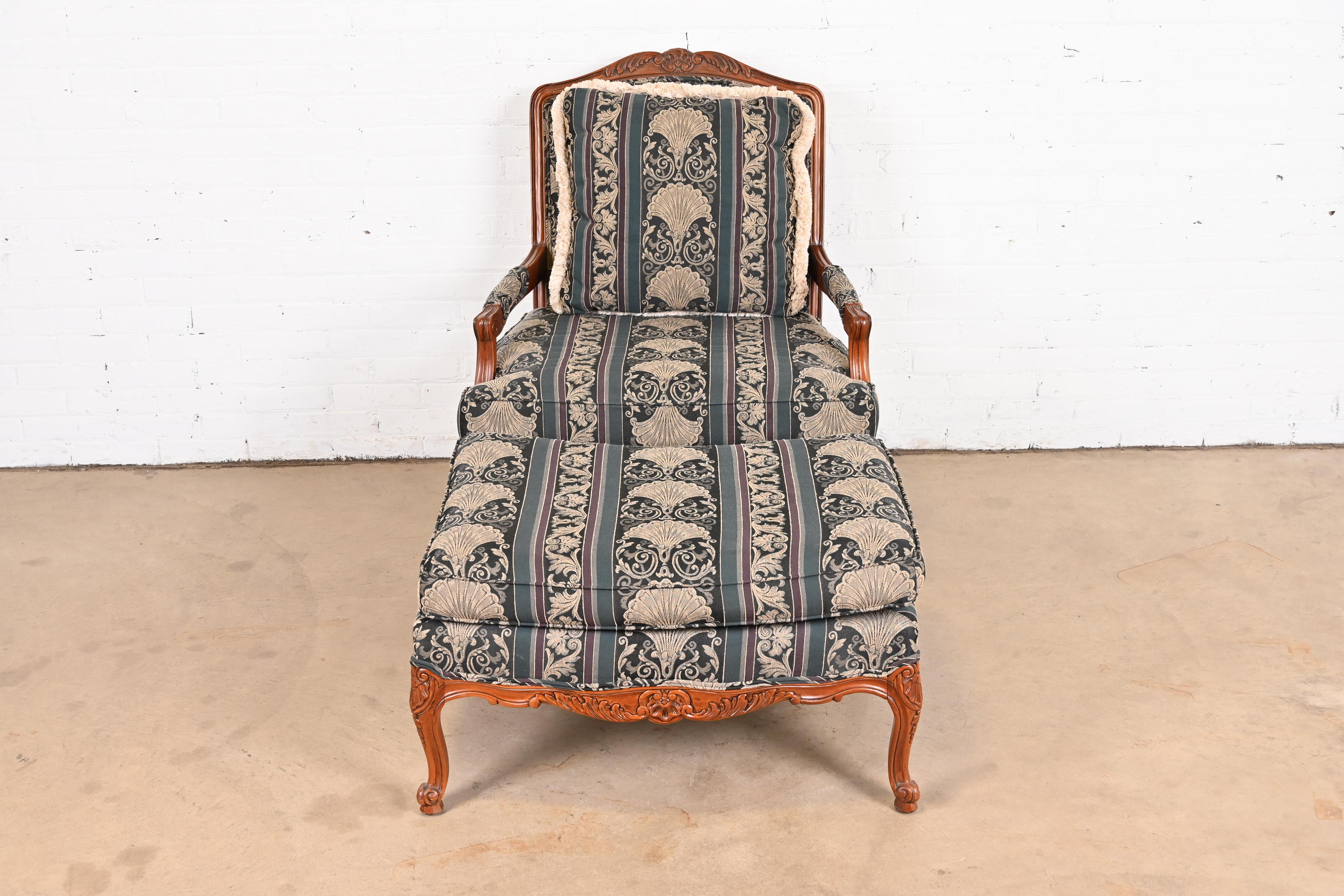 Thomasville French Provincial Louis XV Carved Walnut Upholstered Fauteuil and Ottoman - Image 5