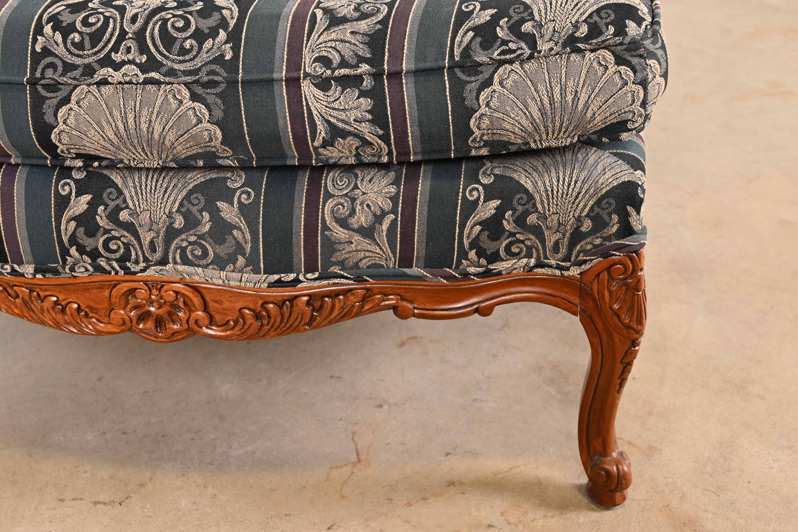 Thomasville French Provincial Louis XV Carved Walnut Upholstered Fauteuil and Ottoman - Image 9