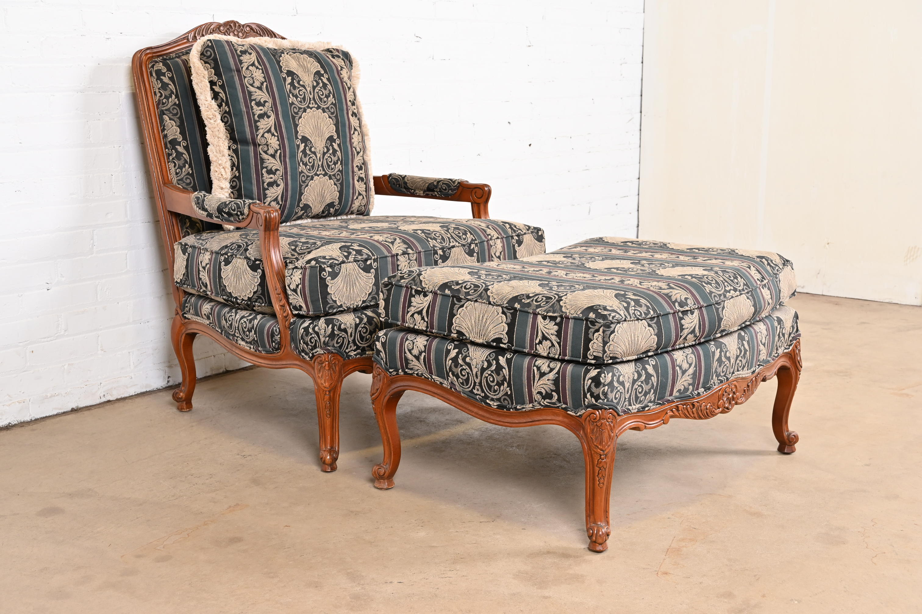 Thomasville French Provincial Louis XV Carved Walnut Upholstered Fauteuil and Ottoman - Image 2