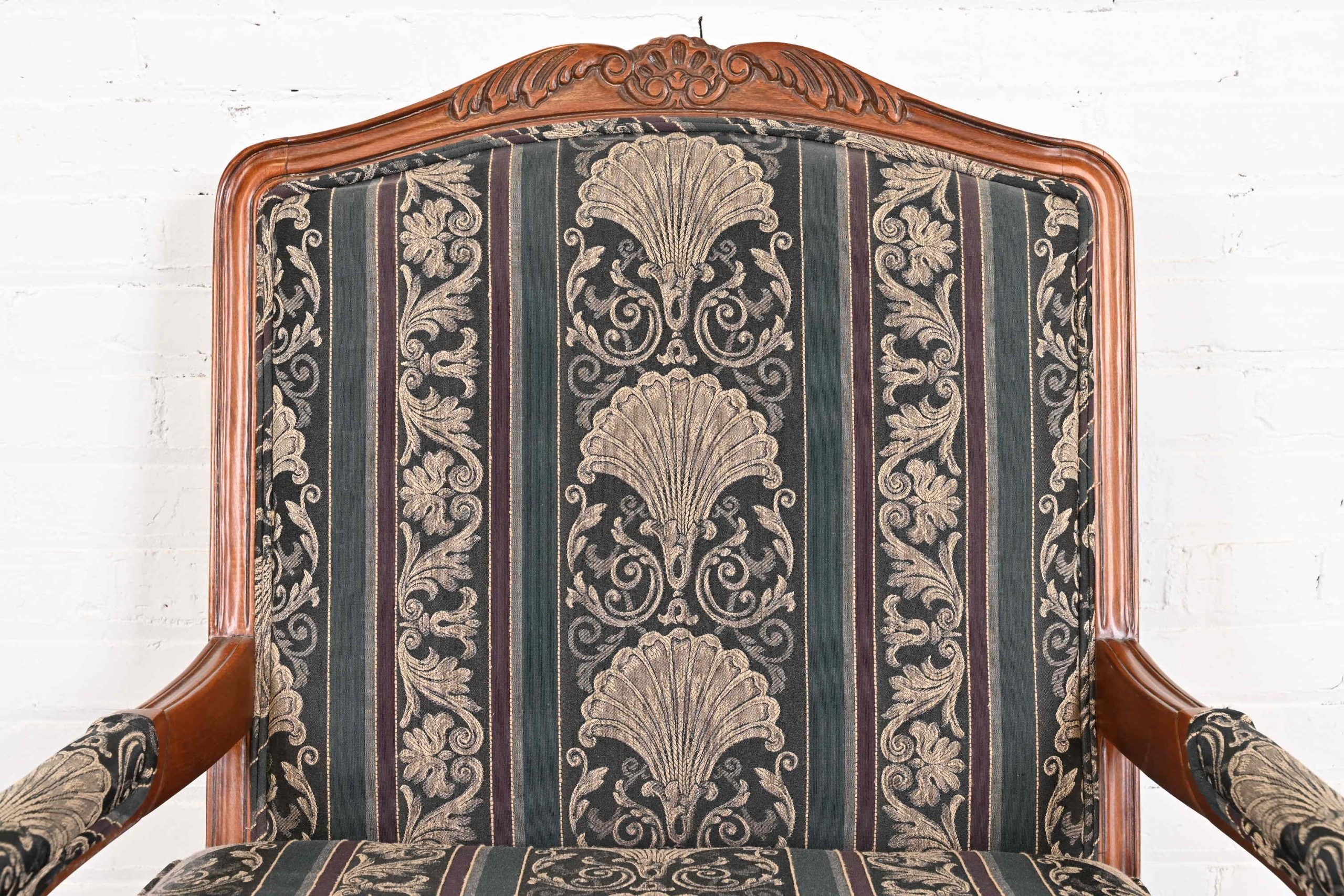 Thomasville French Provincial Louis XV Carved Walnut Upholstered Fauteuil and Ottoman - Image 7