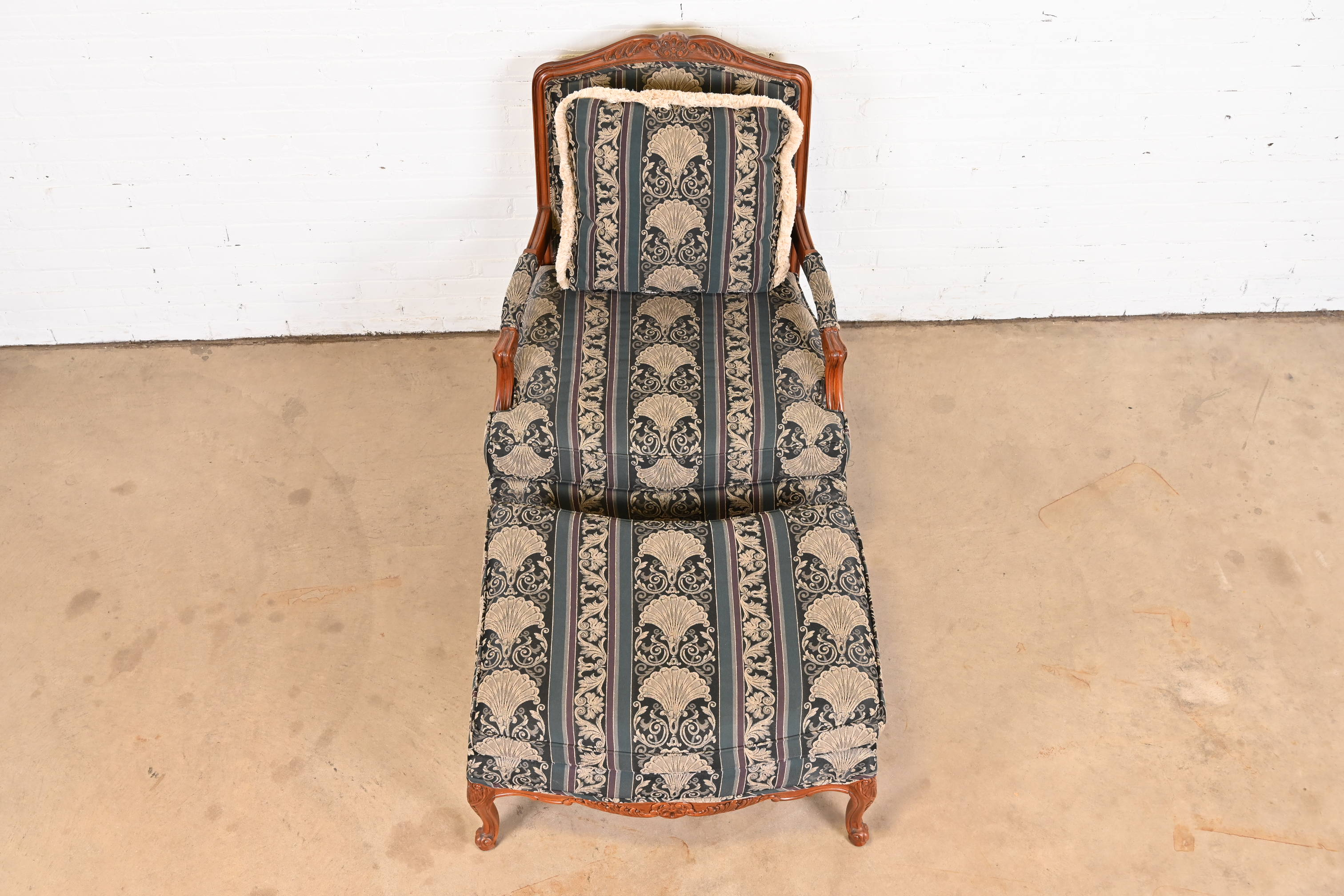 Thomasville French Provincial Louis XV Carved Walnut Upholstered Fauteuil and Ottoman - Image 6