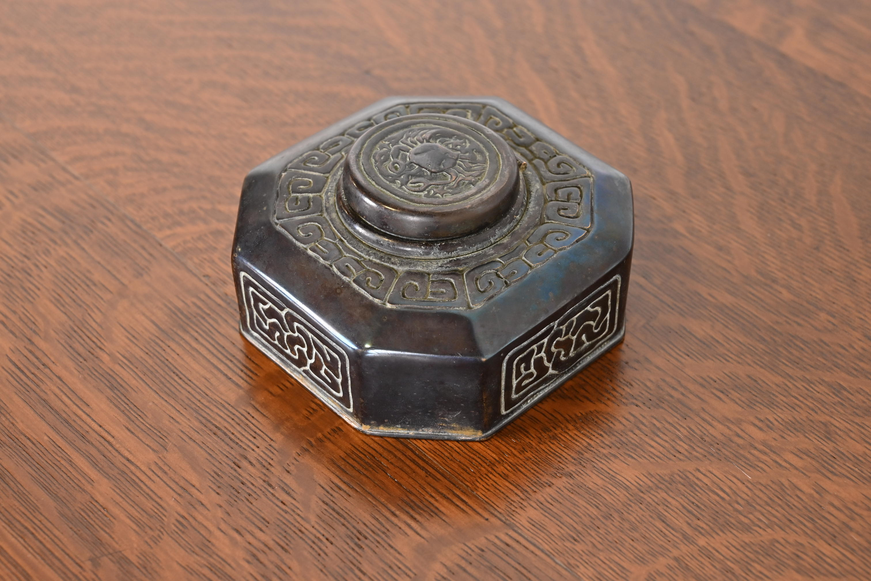 Tiffany Studios New York "Zodiac" Patinated Bronze Inkwell