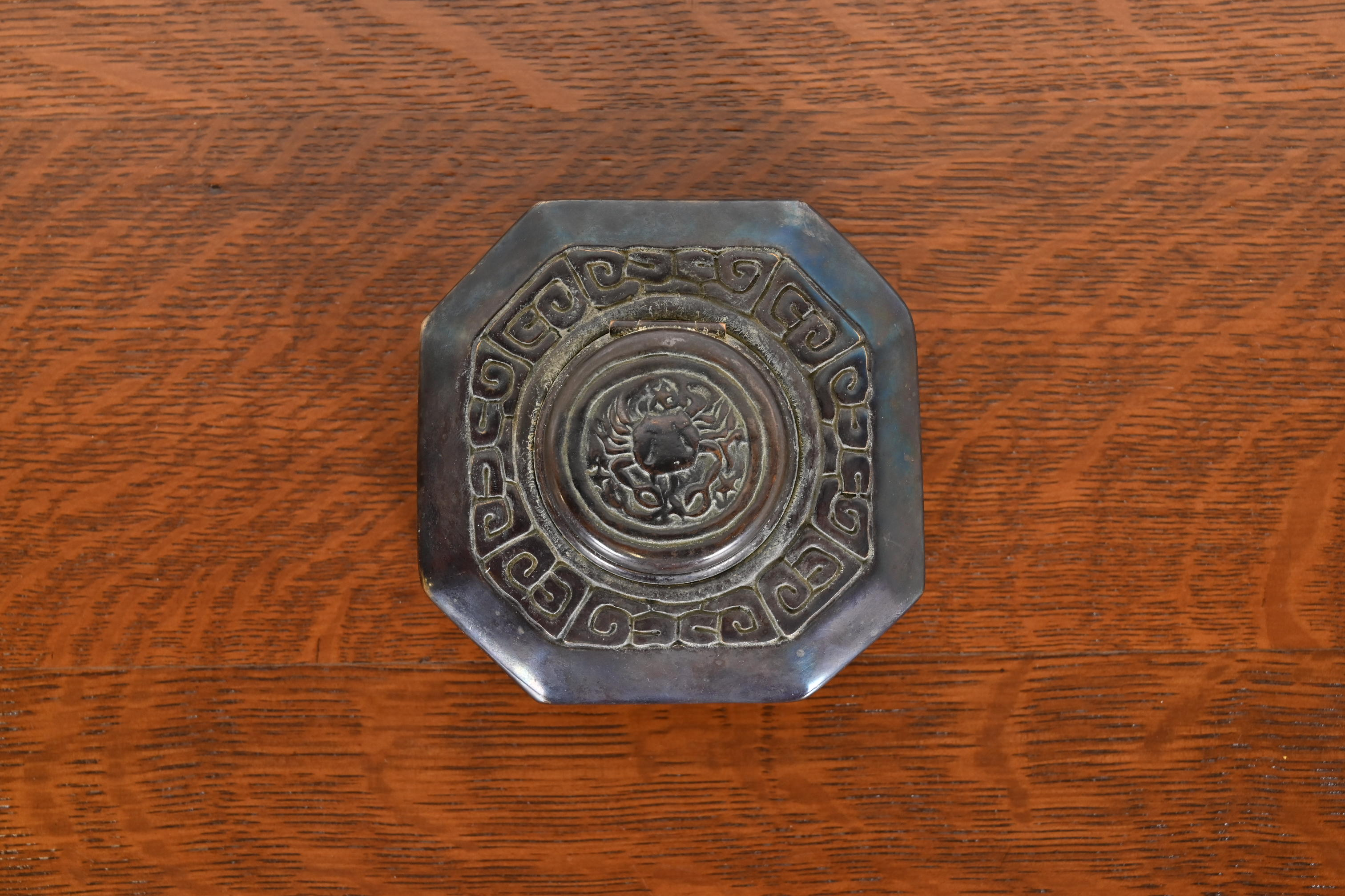 Tiffany Studios New York "Zodiac" Patinated Bronze Inkwell - Image 4