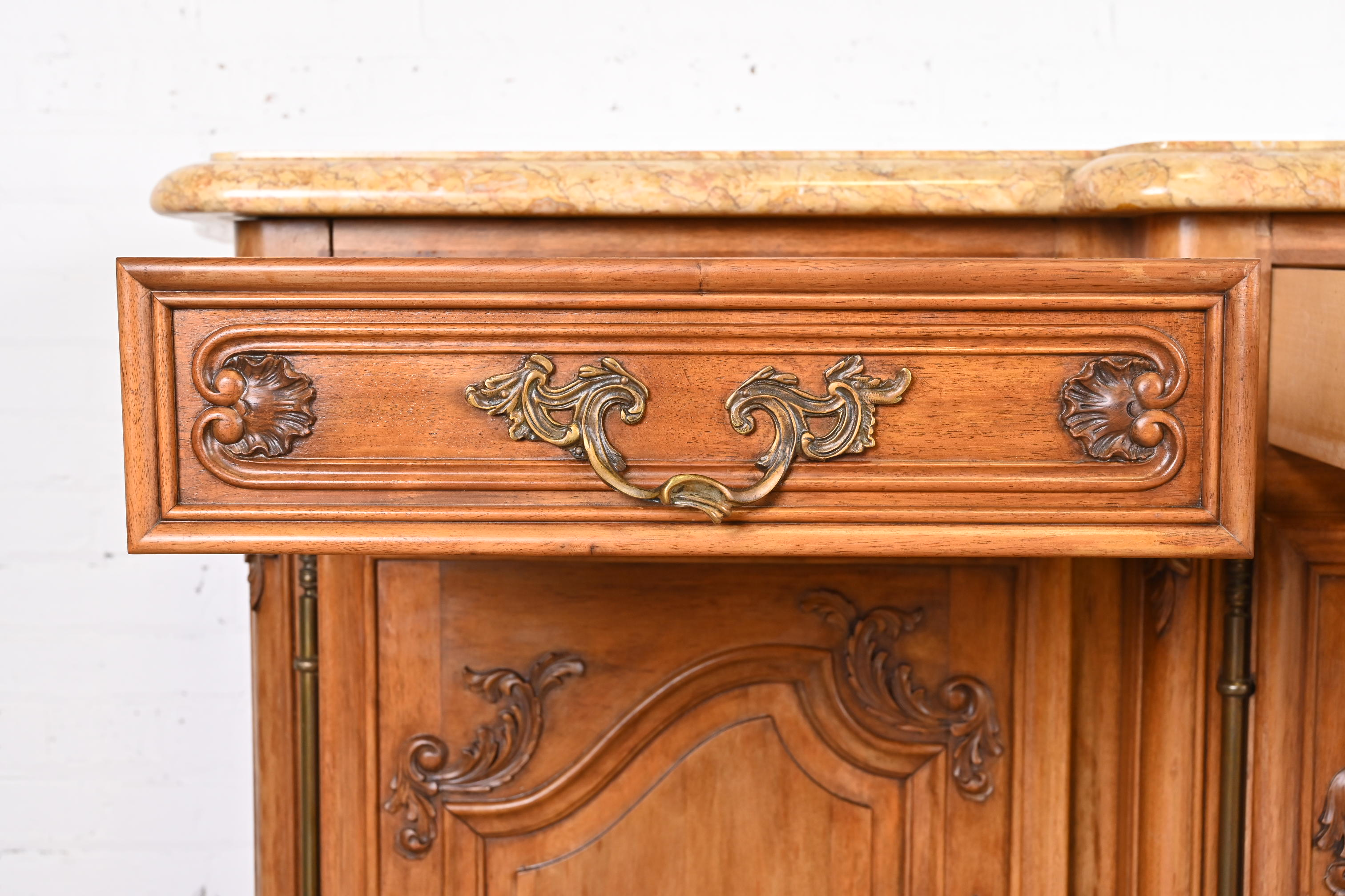 Antique Monumental French Provincial Louis XV Carved Walnut Marble Top Sideboard or Bar Cabinet - Image 6