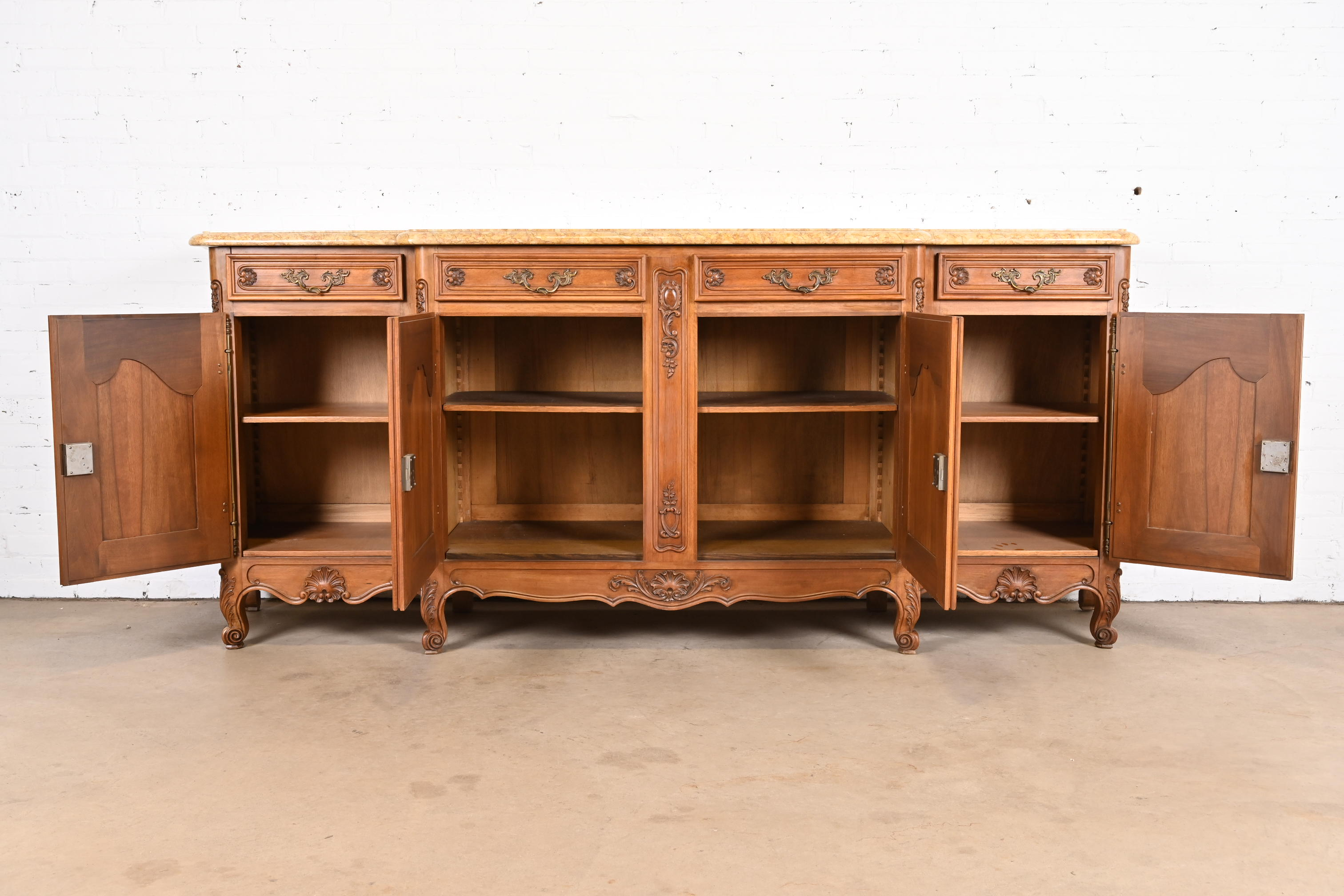 Antique Monumental French Provincial Louis XV Carved Walnut Marble Top Sideboard or Bar Cabinet - Image 7