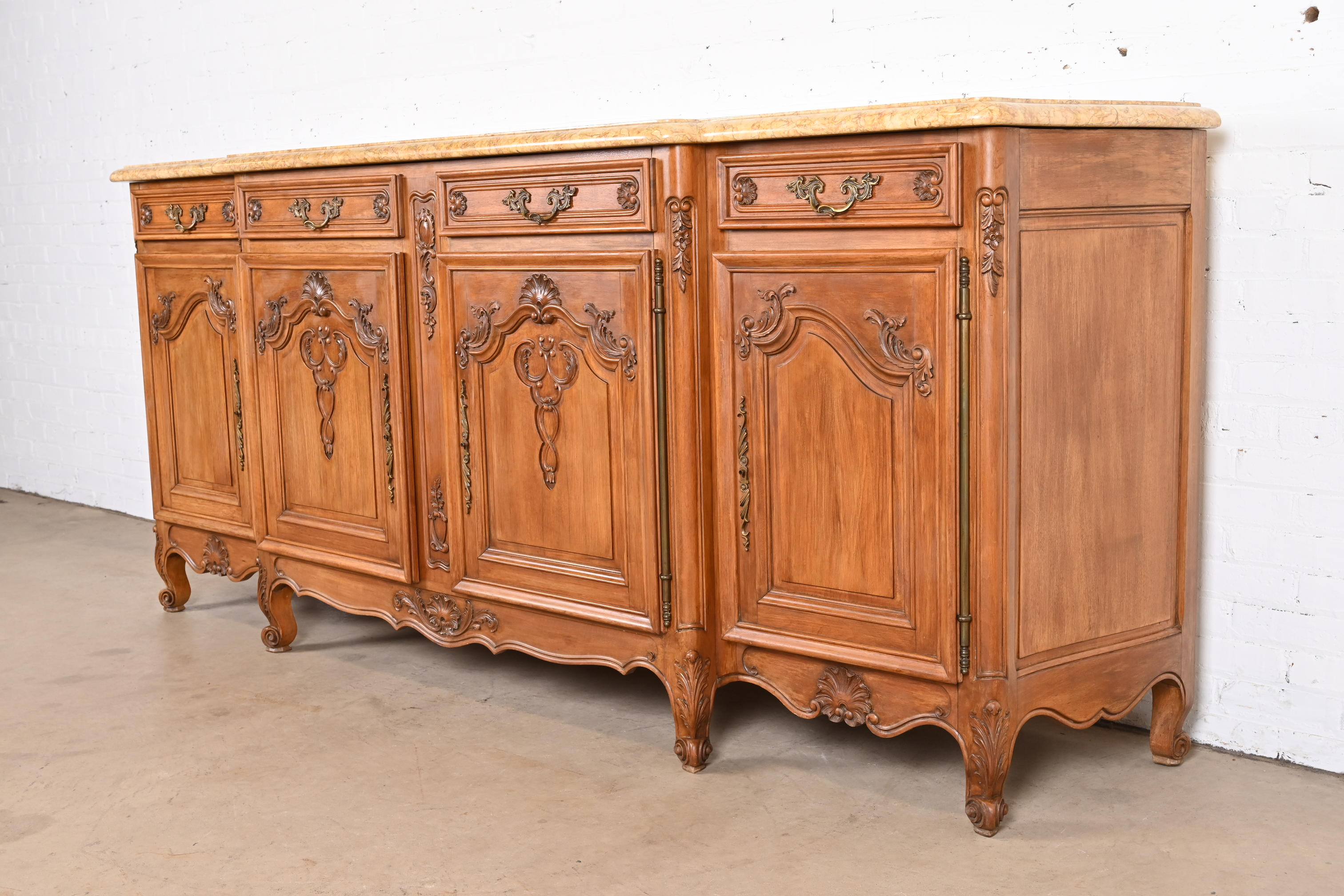Antique Monumental French Provincial Louis XV Carved Walnut Marble Top Sideboard or Bar Cabinet - Image 3