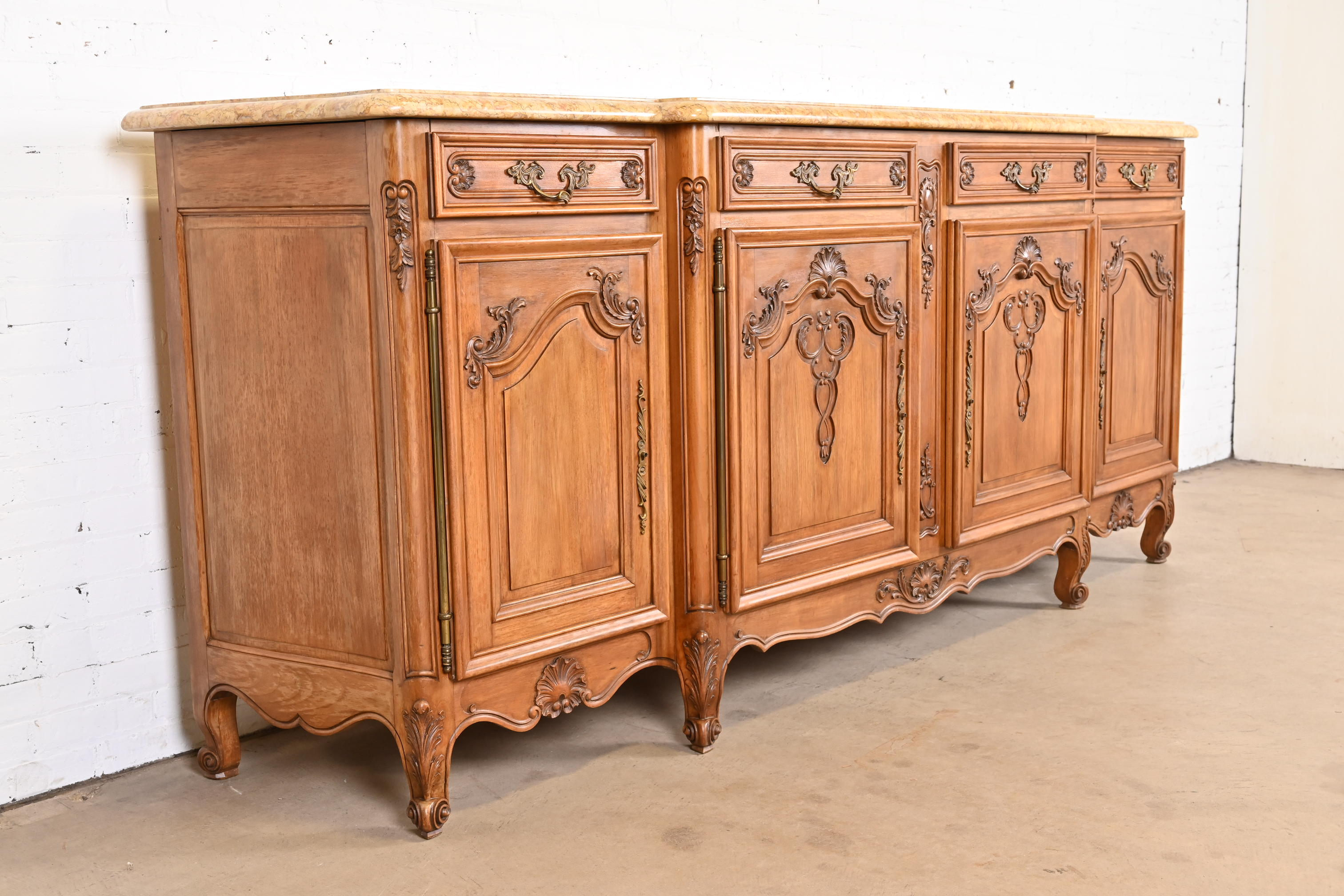 Antique Monumental French Provincial Louis XV Carved Walnut Marble Top Sideboard or Bar Cabinet - Image 4