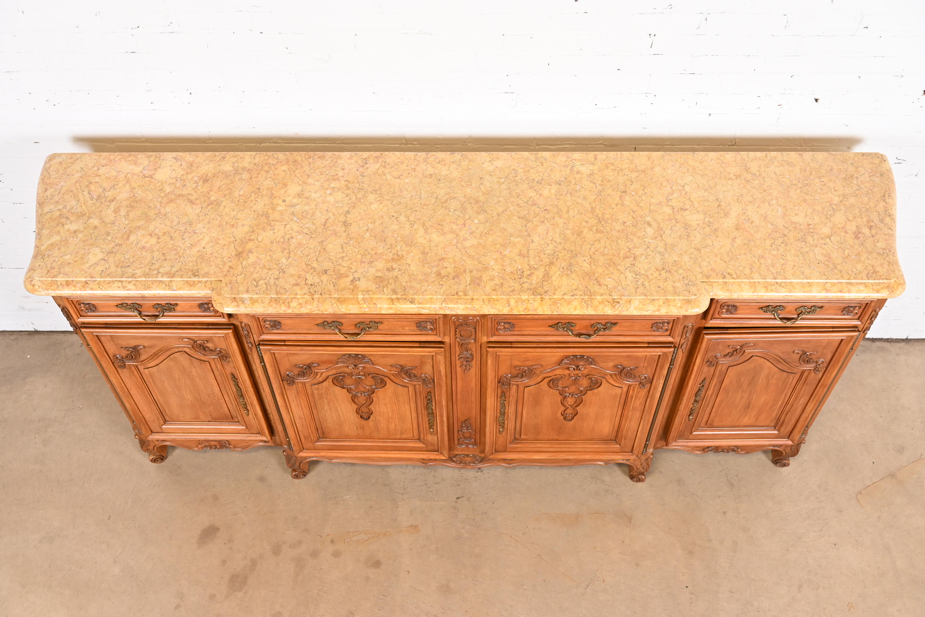 Antique Monumental French Provincial Louis XV Carved Walnut Marble Top Sideboard or Bar Cabinet - Image 8