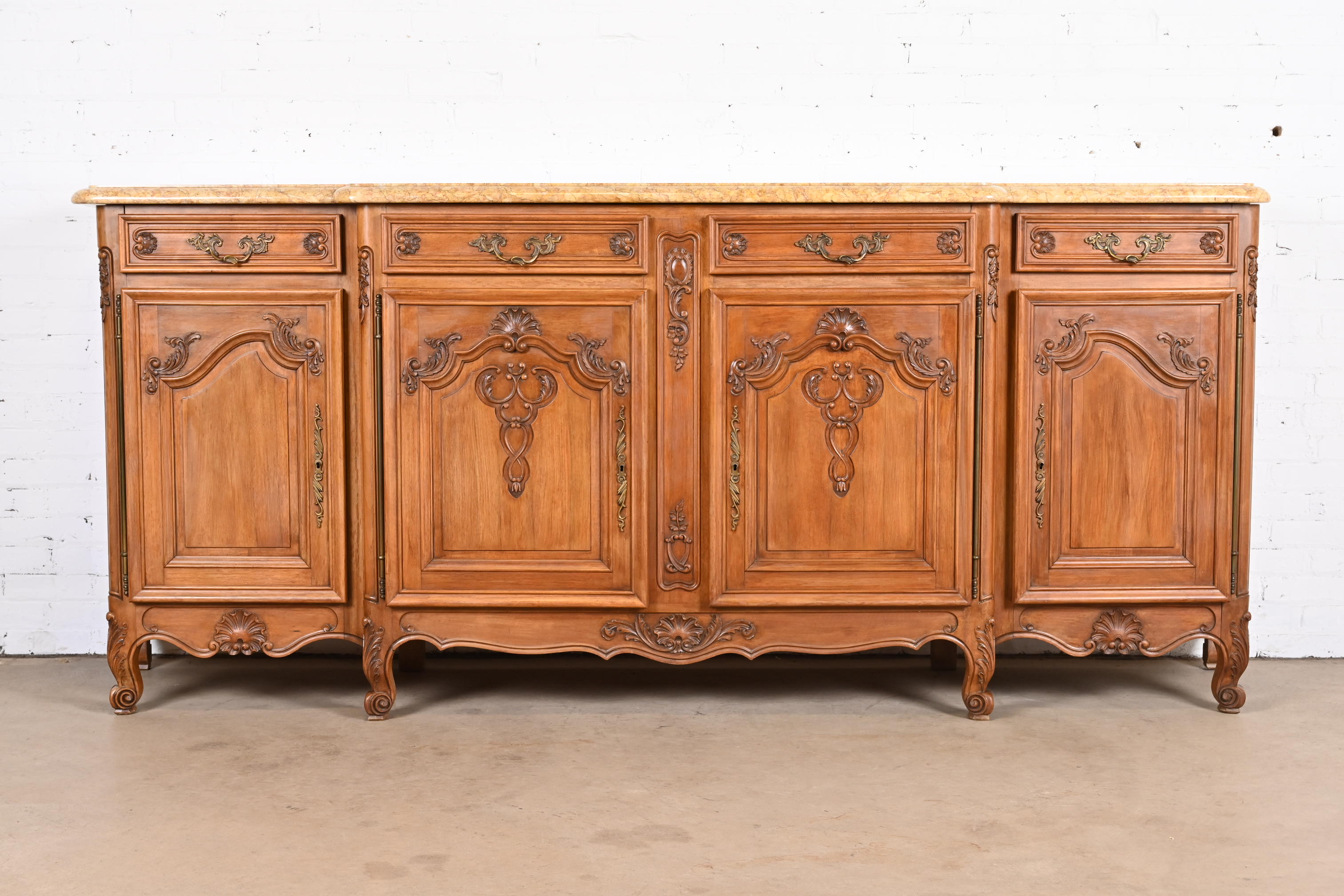 Antique Monumental French Provincial Louis XV Carved Walnut Marble Top Sideboard or Bar Cabinet - Image 2