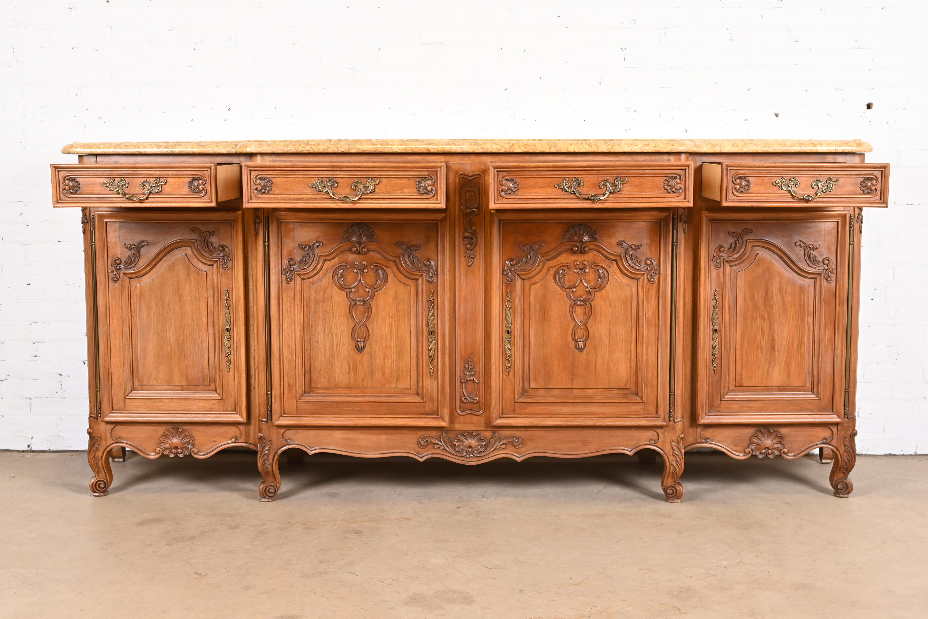 Antique Monumental French Provincial Louis XV Carved Walnut Marble Top Sideboard or Bar Cabinet - Image 5
